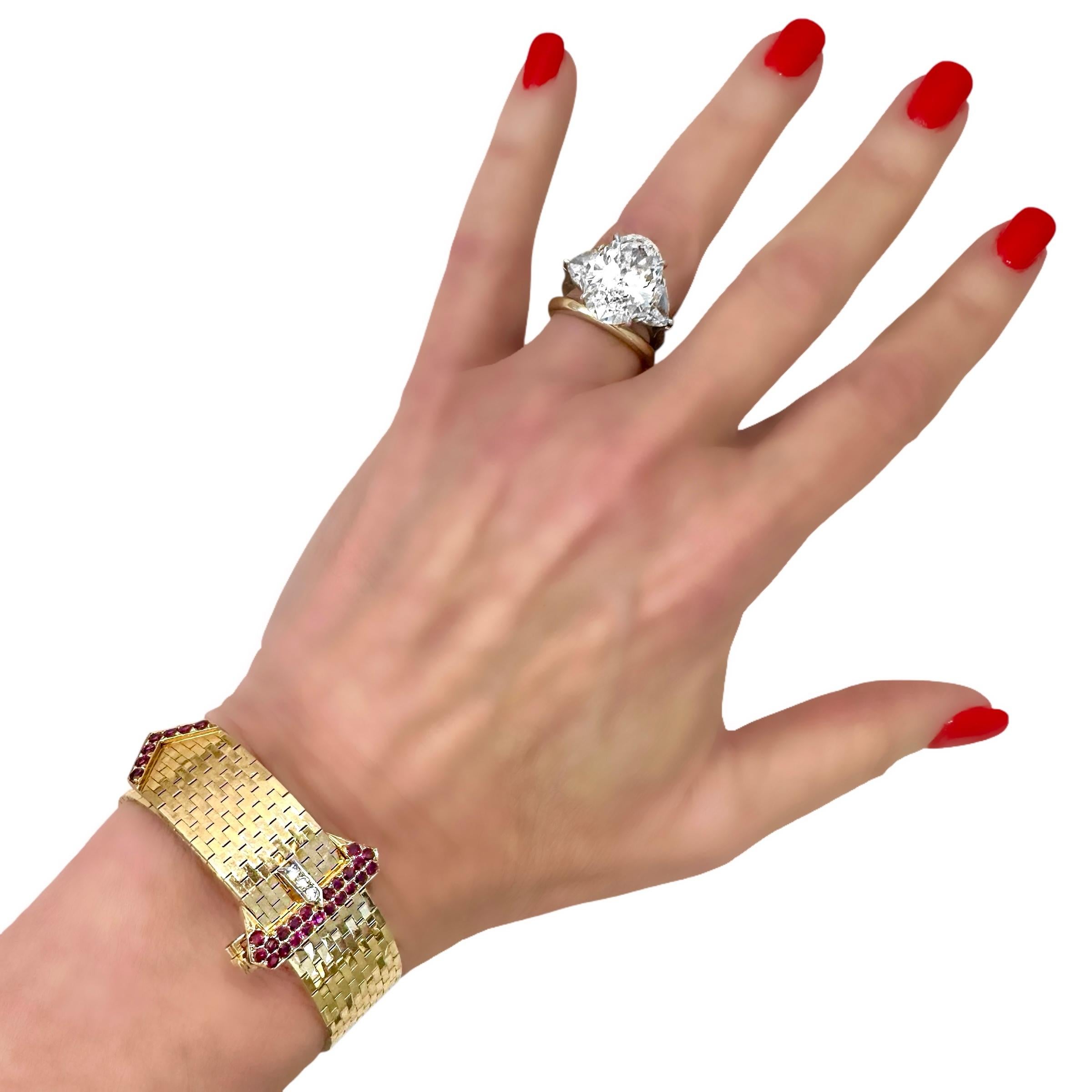 American Retro Period Brick Link Gold Buckle Bracelet with Diamonds and Rubies For Sale 11