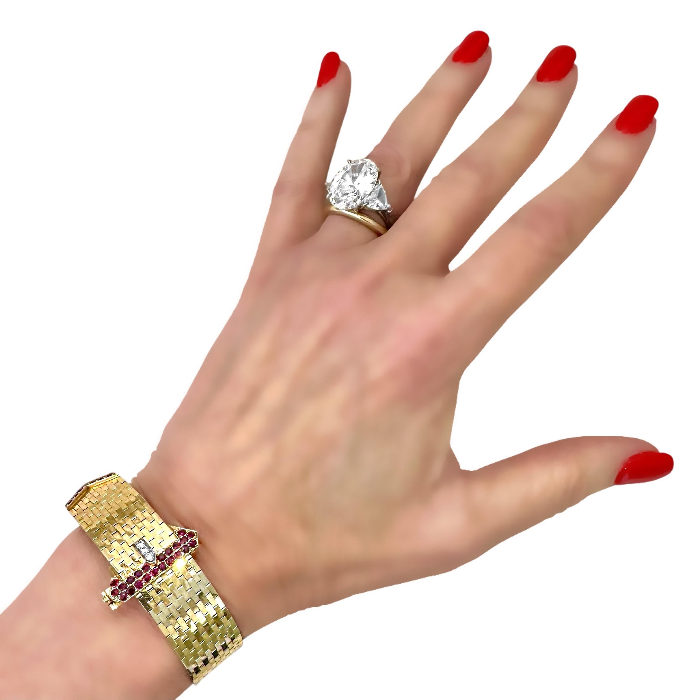 American Retro Period Brick Link Gold Buckle Bracelet with Diamonds and Rubies For Sale 12