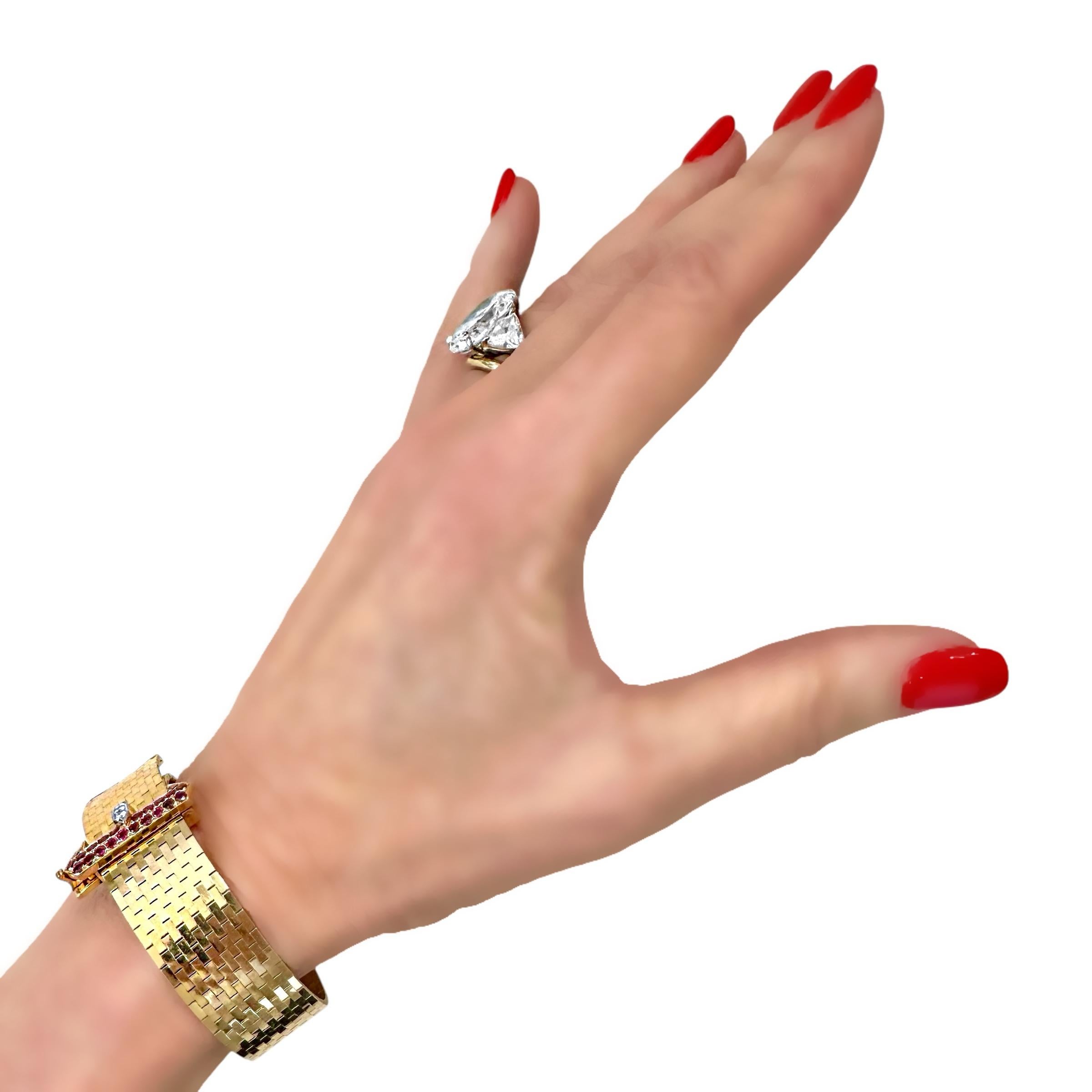 American Retro Period Brick Link Gold Buckle Bracelet with Diamonds and Rubies For Sale 13