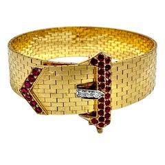 Amerikanisches Retro Period Brick Link Goldschnallenarmband mit Diamanten und Rubinen