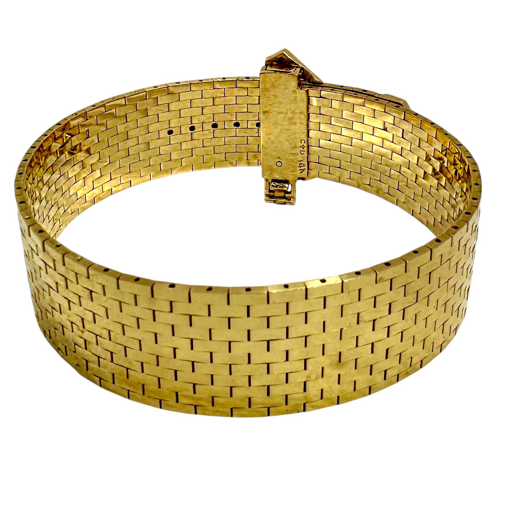 American Retro Period Brick Link Gold Buckle Bracelet with Diamonds and Rubies In Good Condition For Sale In Palm Beach, FL