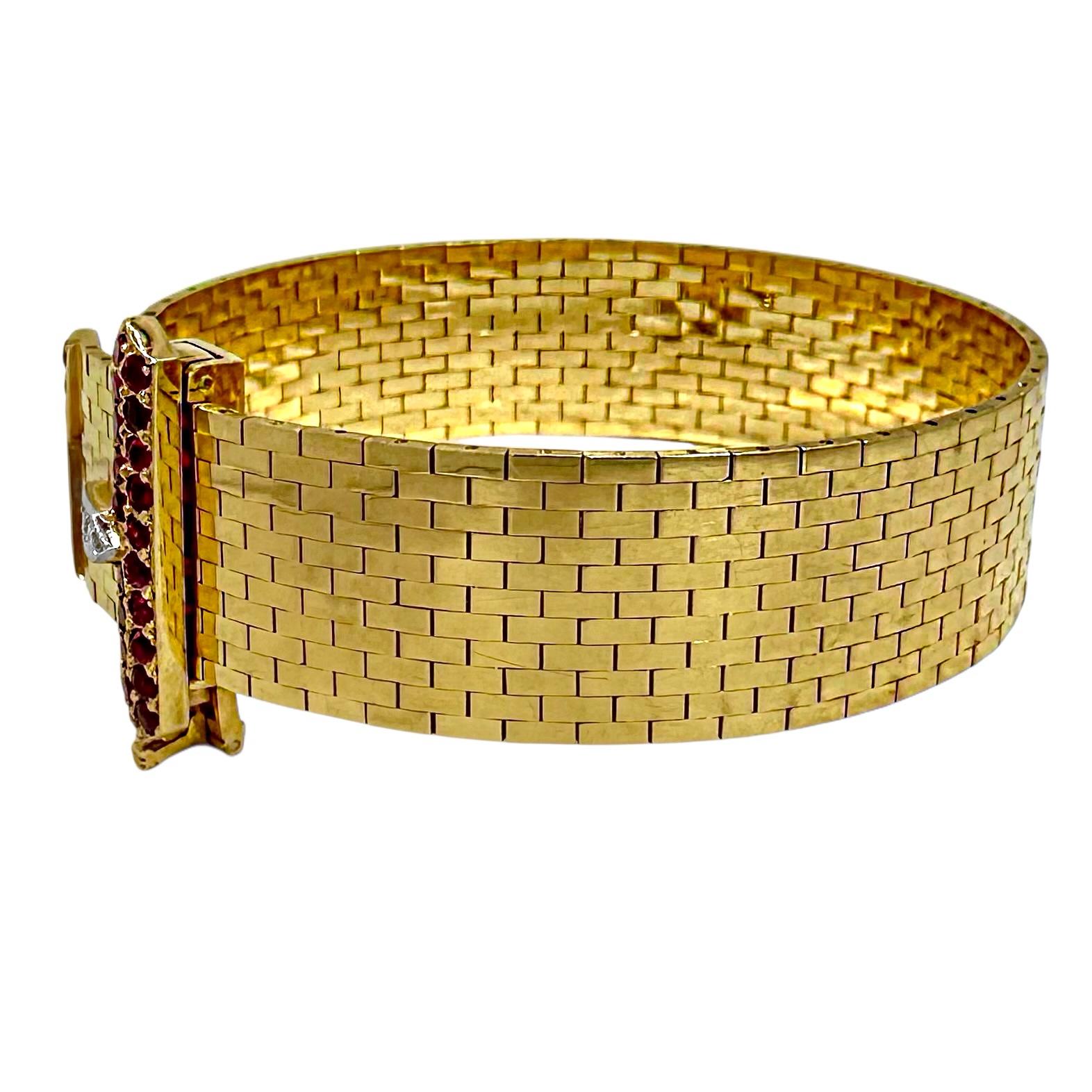 Women's American Retro Period Brick Link Gold Buckle Bracelet with Diamonds and Rubies For Sale