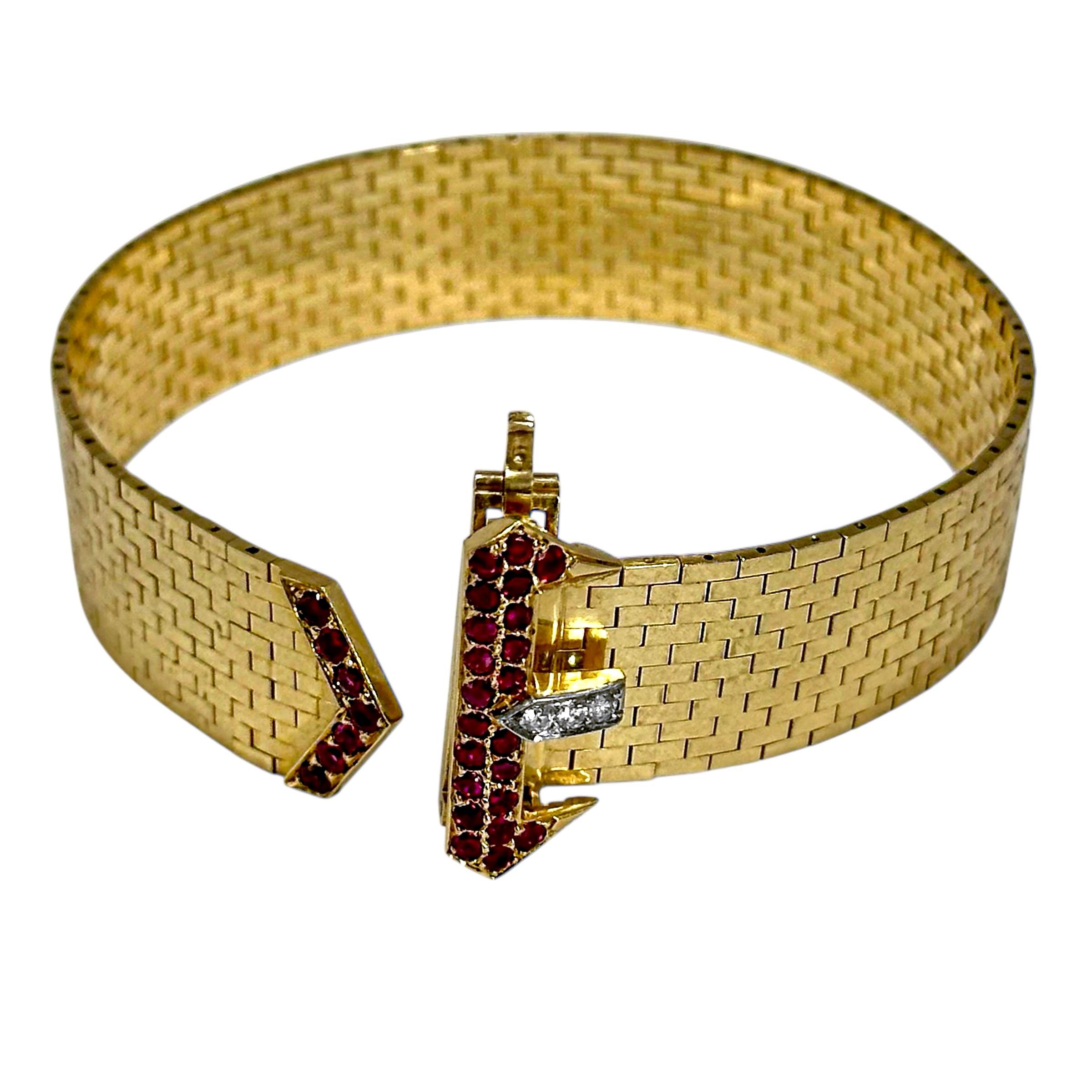 American Retro Period Brick Link Gold Buckle Bracelet with Diamonds and Rubies For Sale 1