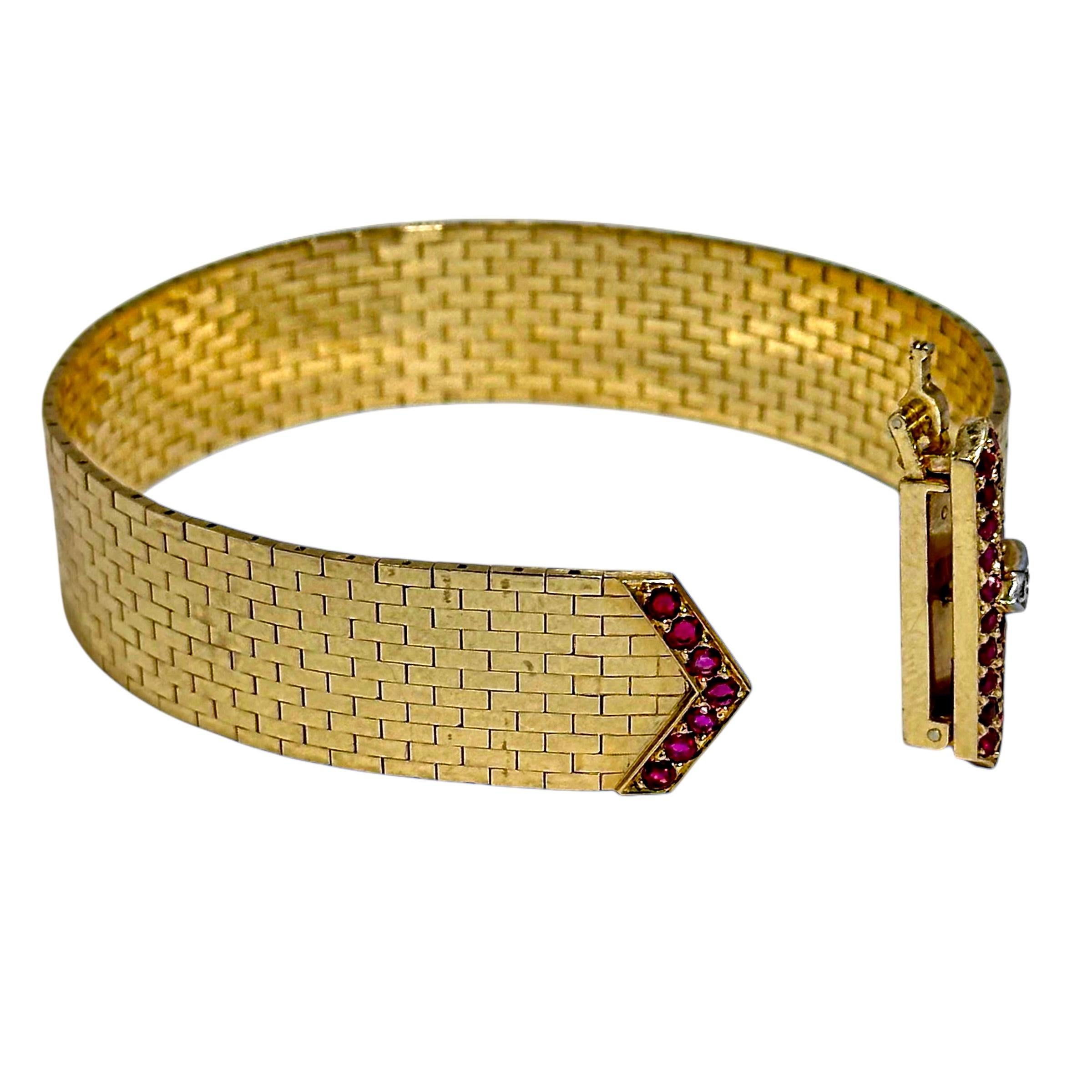 American Retro Period Brick Link Gold Buckle Bracelet with Diamonds and Rubies For Sale 2