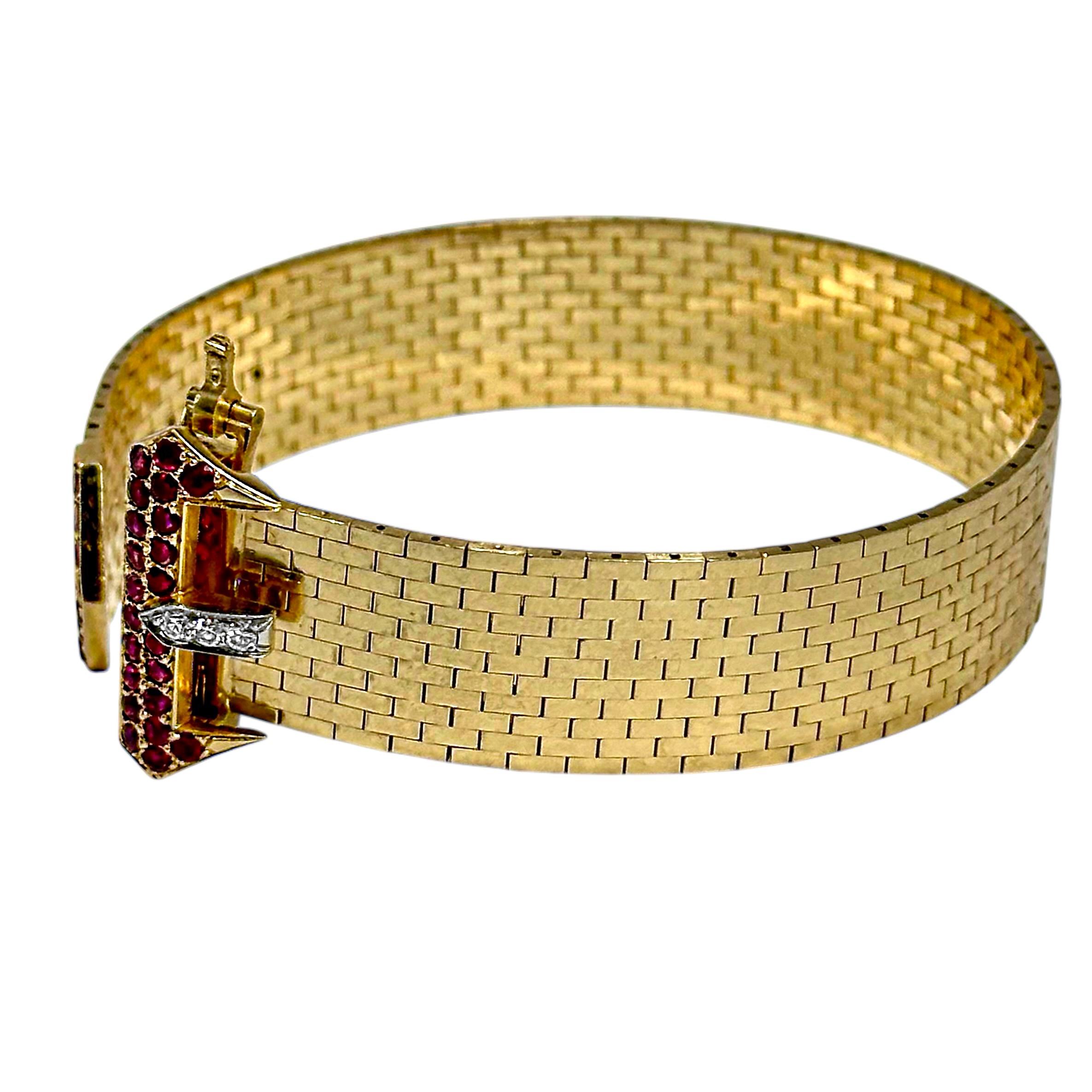 American Retro Period Brick Link Gold Buckle Bracelet with Diamonds and Rubies For Sale 3
