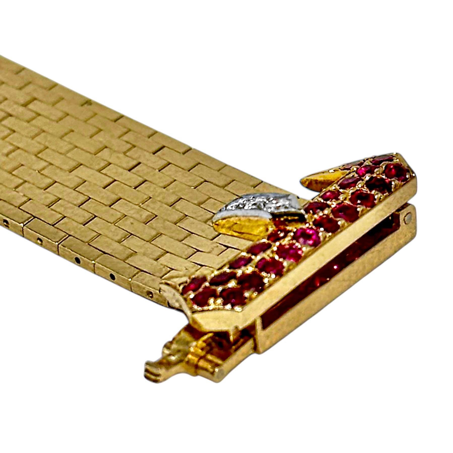 American Retro Period Brick Link Gold Buckle Bracelet with Diamonds and Rubies For Sale 4