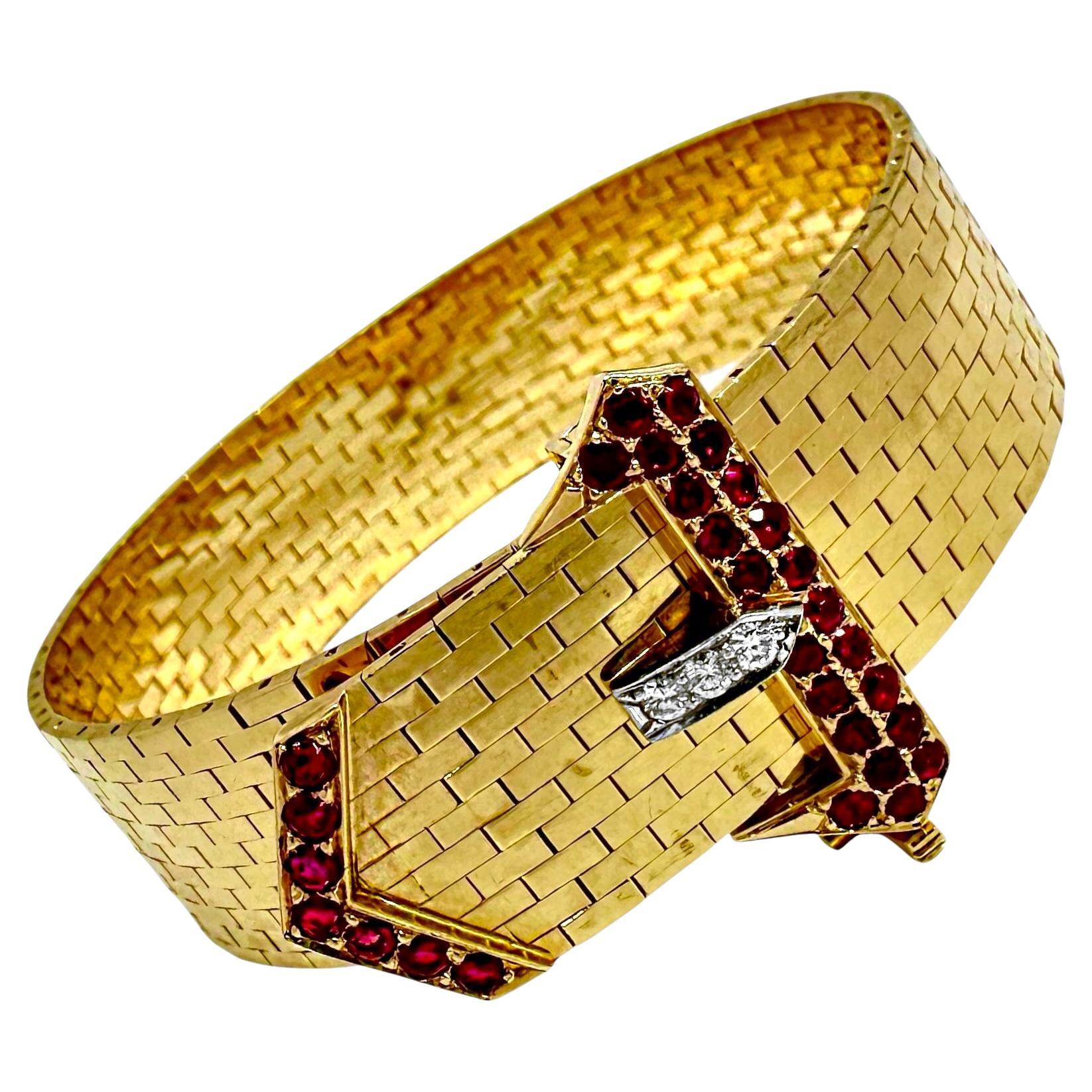 American Retro Period Brick Link Gold Buckle Bracelet with Diamonds and Rubies For Sale