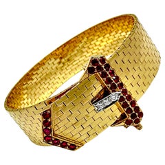 American Retro Period Brick Link Gold Buckle Bracelet with Diamonds and Rubies