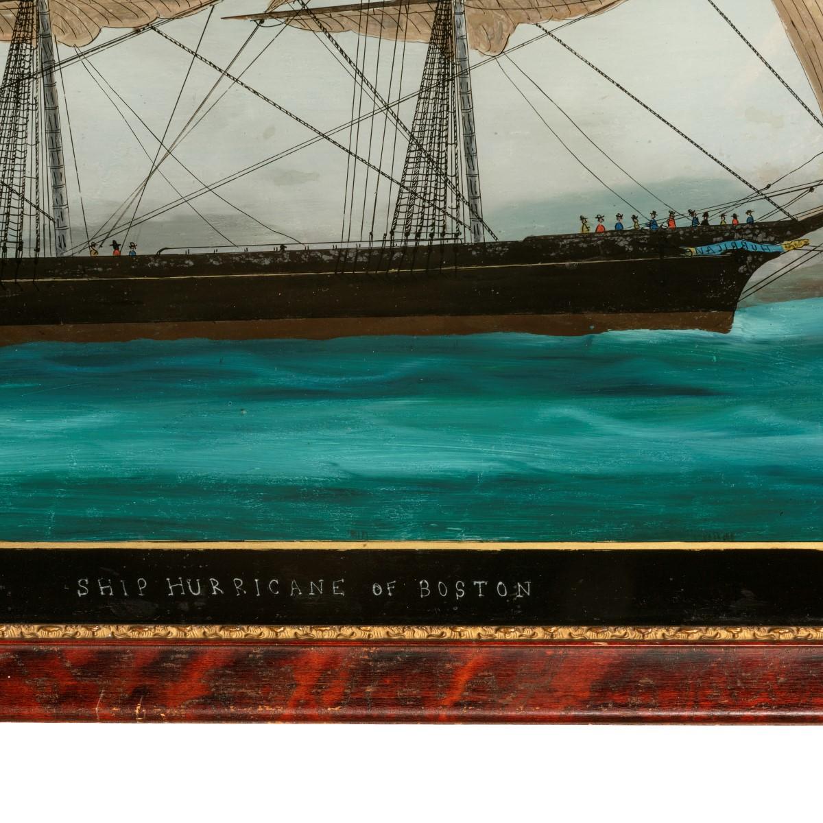An American reverse-glass painting of the ship ‘Hurricane’ of Boston, of rectangular form showing a three masted sailing ship flying the Stars and Stripes and signalling flags from her top mast, the distant shore painted with mountains and pagodas,