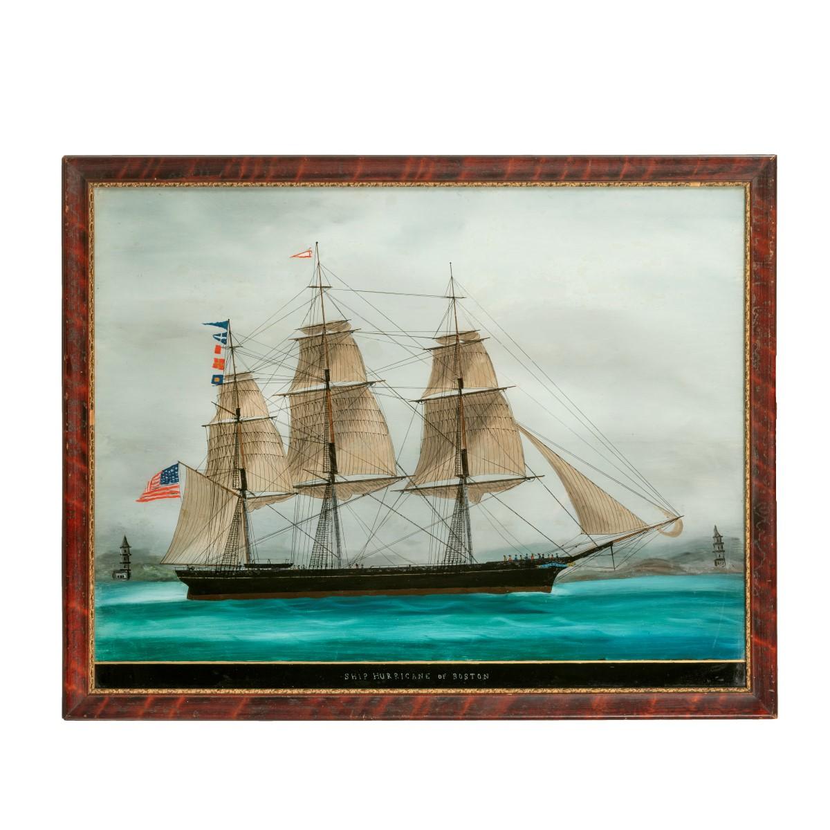 Américain Peinture américaine en verre inversé du navire « Hurricane » de Boston en vente
