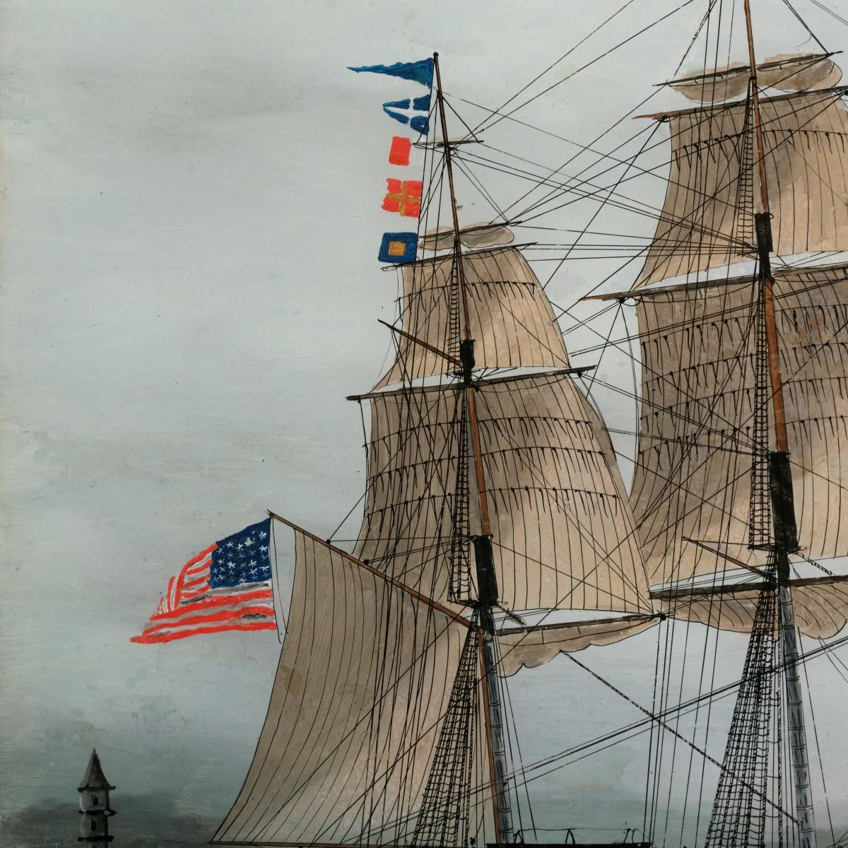 Peinture américaine en verre inversé du navire « Hurricane » de Boston Bon état - En vente à Lymington, Hampshire