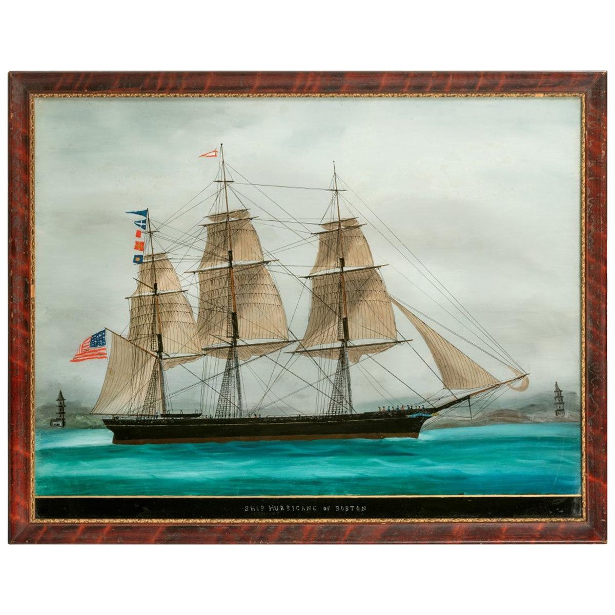 Peinture américaine en verre inversé du navire « Hurricane » de Boston