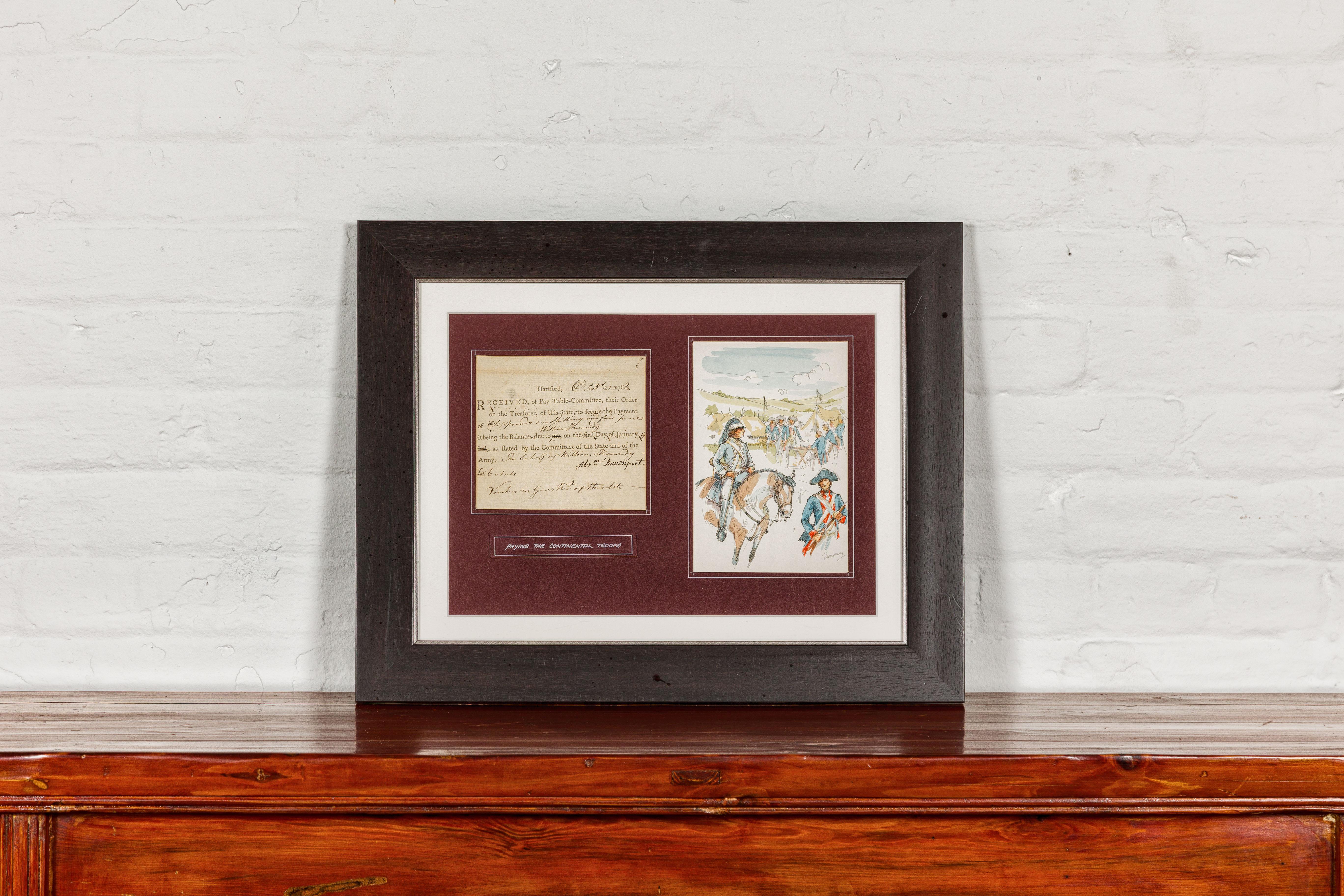 An American Revolutionary war bond from the State of Connecticut from the late 18th century in custom black frame under glass. This late 18th-century American Revolutionary War bond from the State of Connecticut is a historical artifact that brings