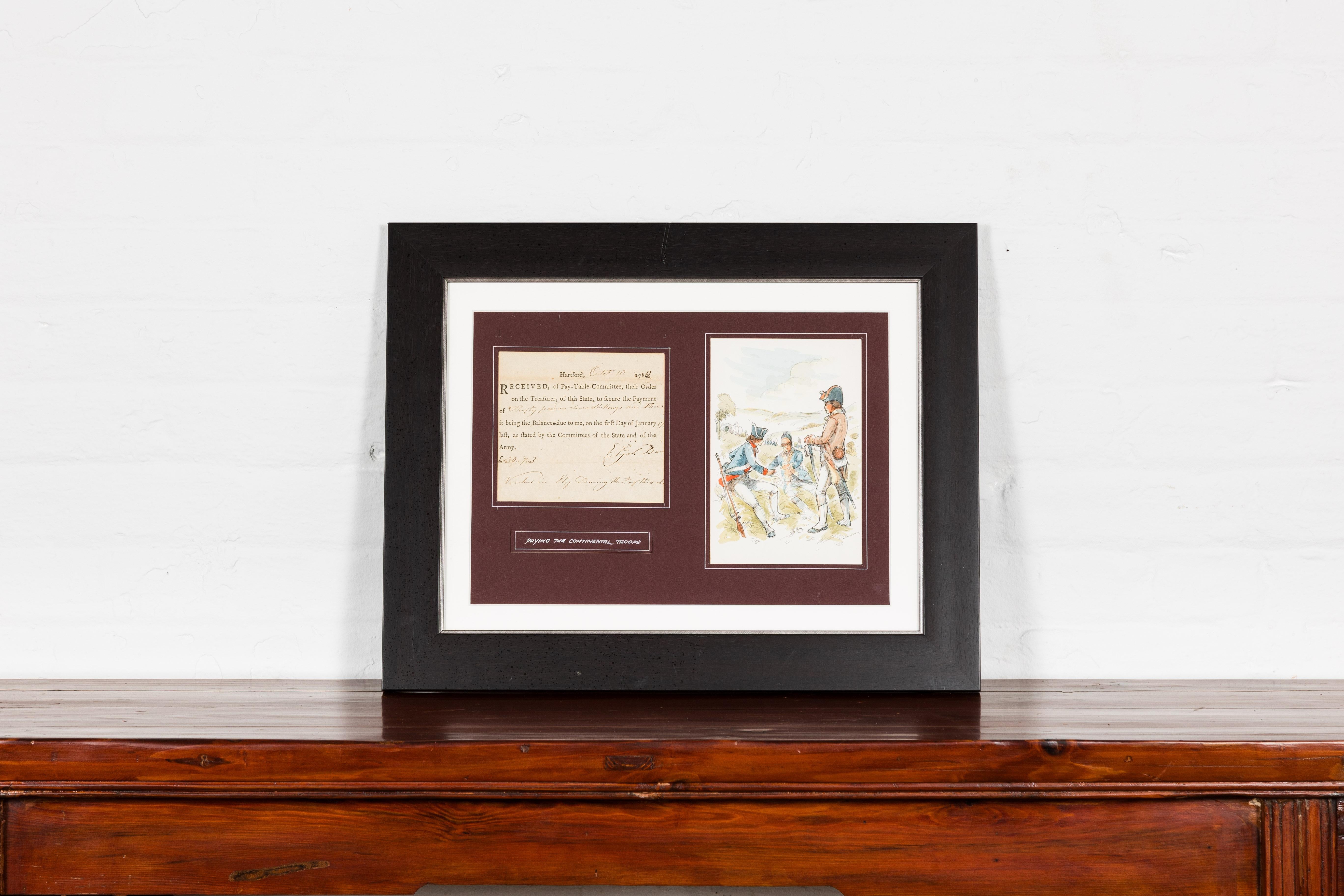 An American Revolutionary war bond from the State of Connecticut from the late 18th century in custom black frame under glass. From the poignant tapestry of America's Revolutionary past emerges this Connecticut Revolutionary War bond set in a custom