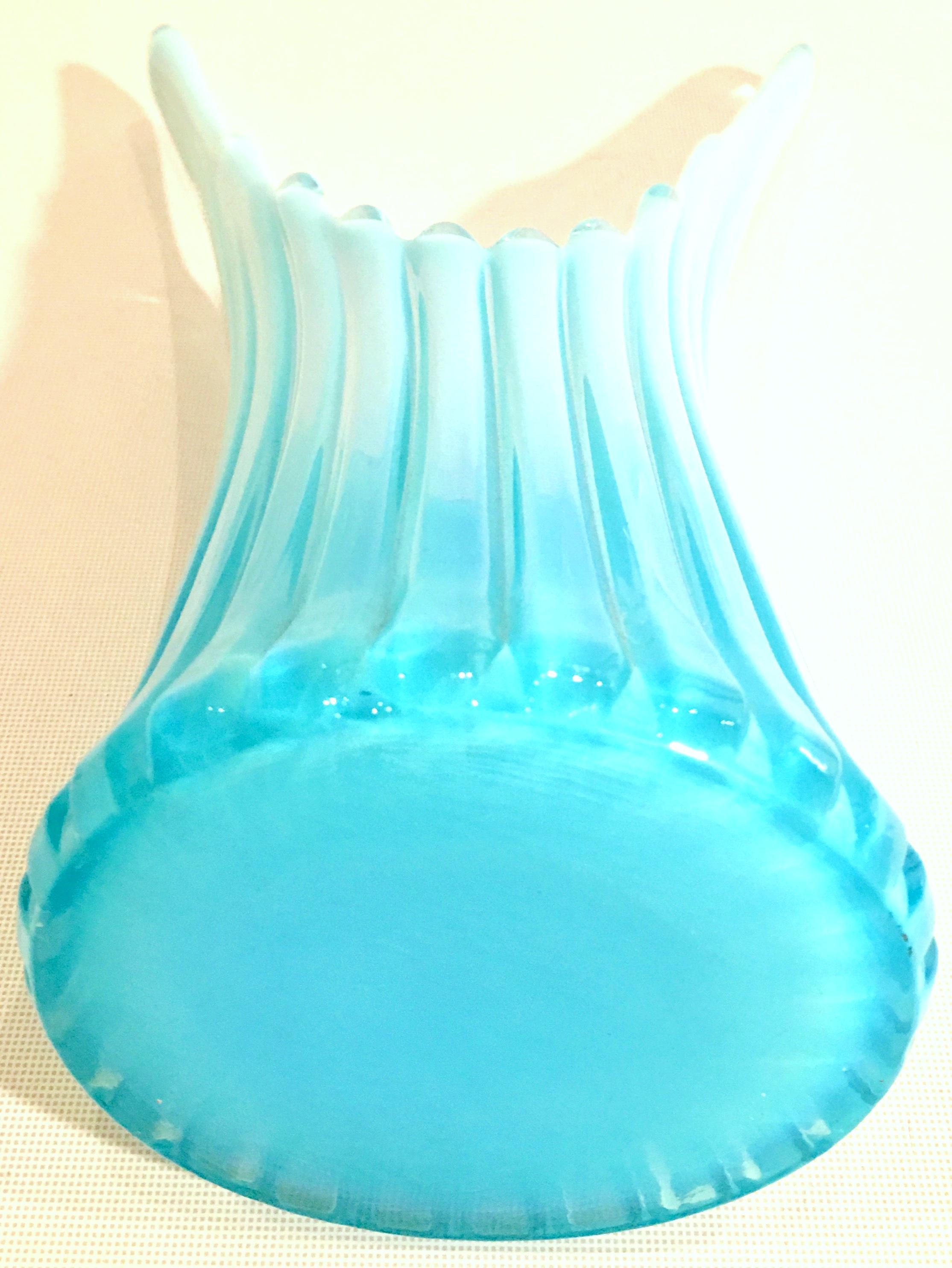 Art Glass American Ribbed Opalescent Sky Blue Slag Glass Vase