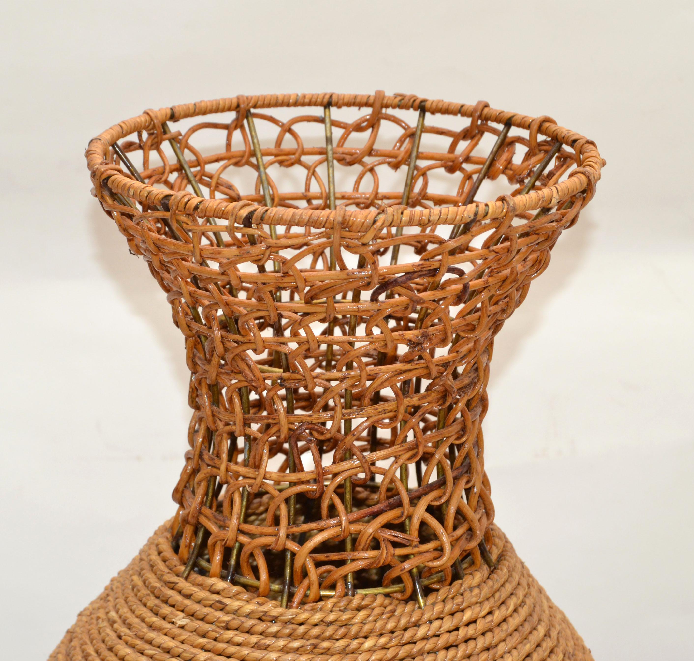 Bohemian American Rope & Reed Handwoven Vase Mid-Century Modern