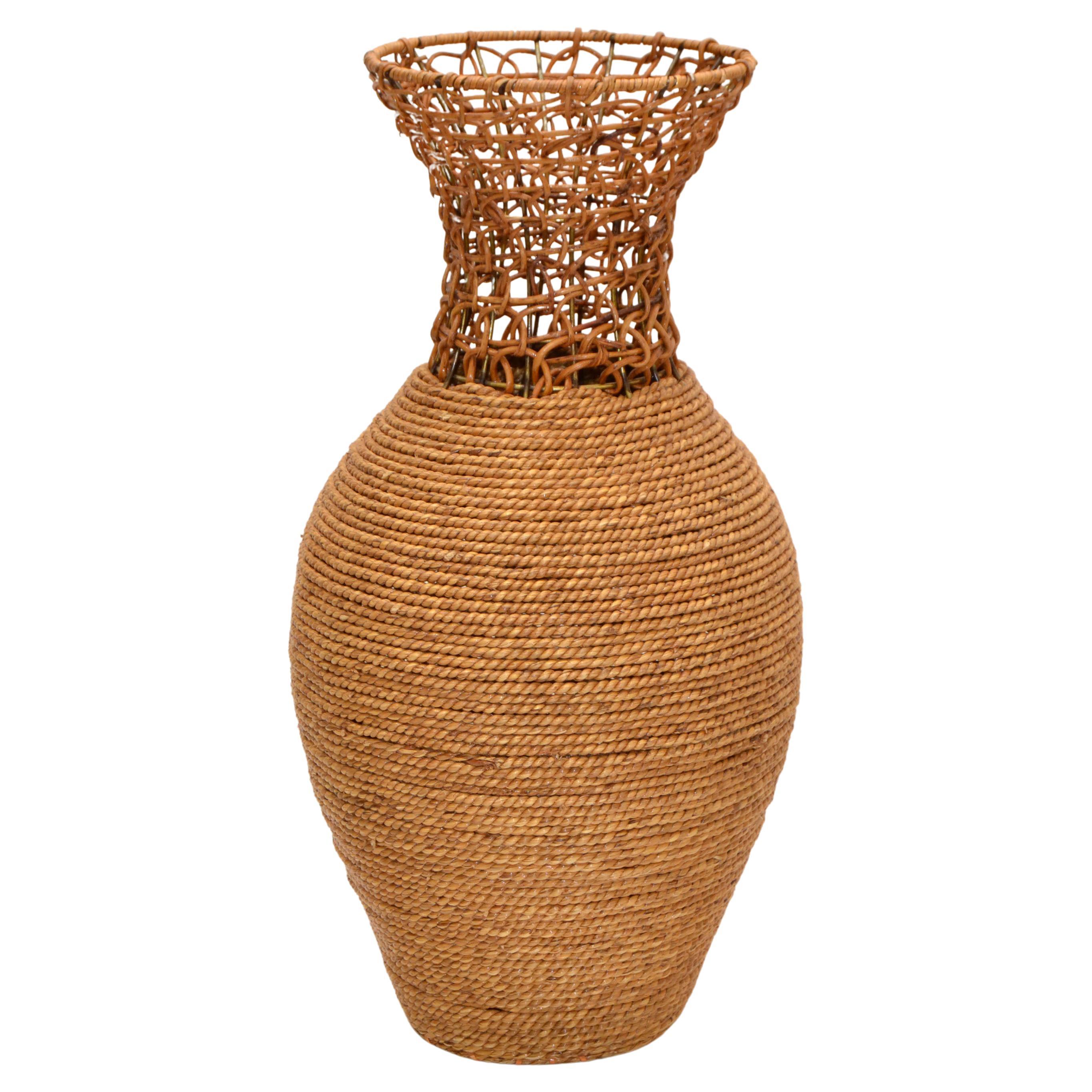 American Rope & Reed Handwoven Vase Mid-Century Modern