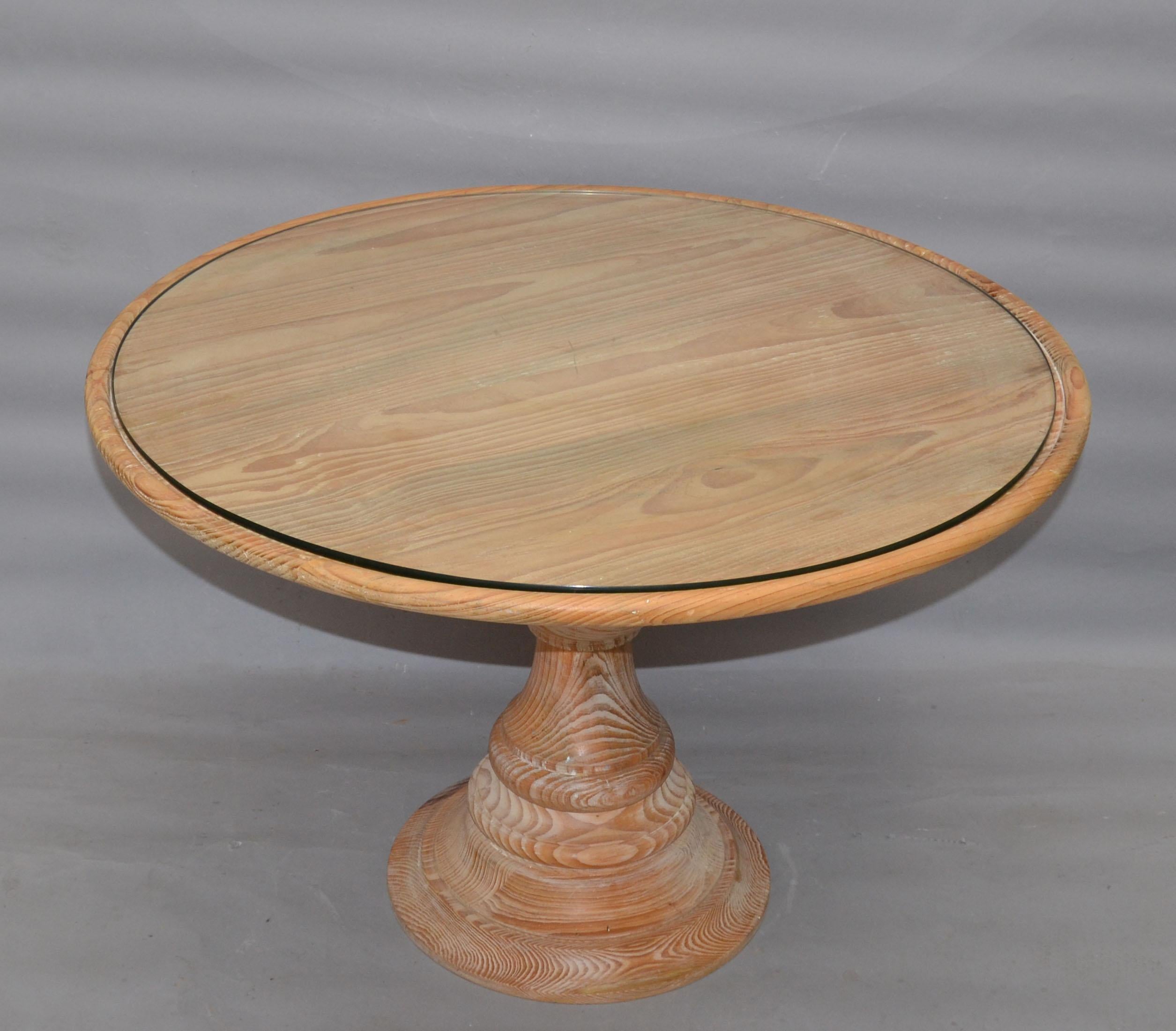 American Round Mid-Century Modern Turned Bleach Oak Wood & Glass Coffee Table For Sale 7