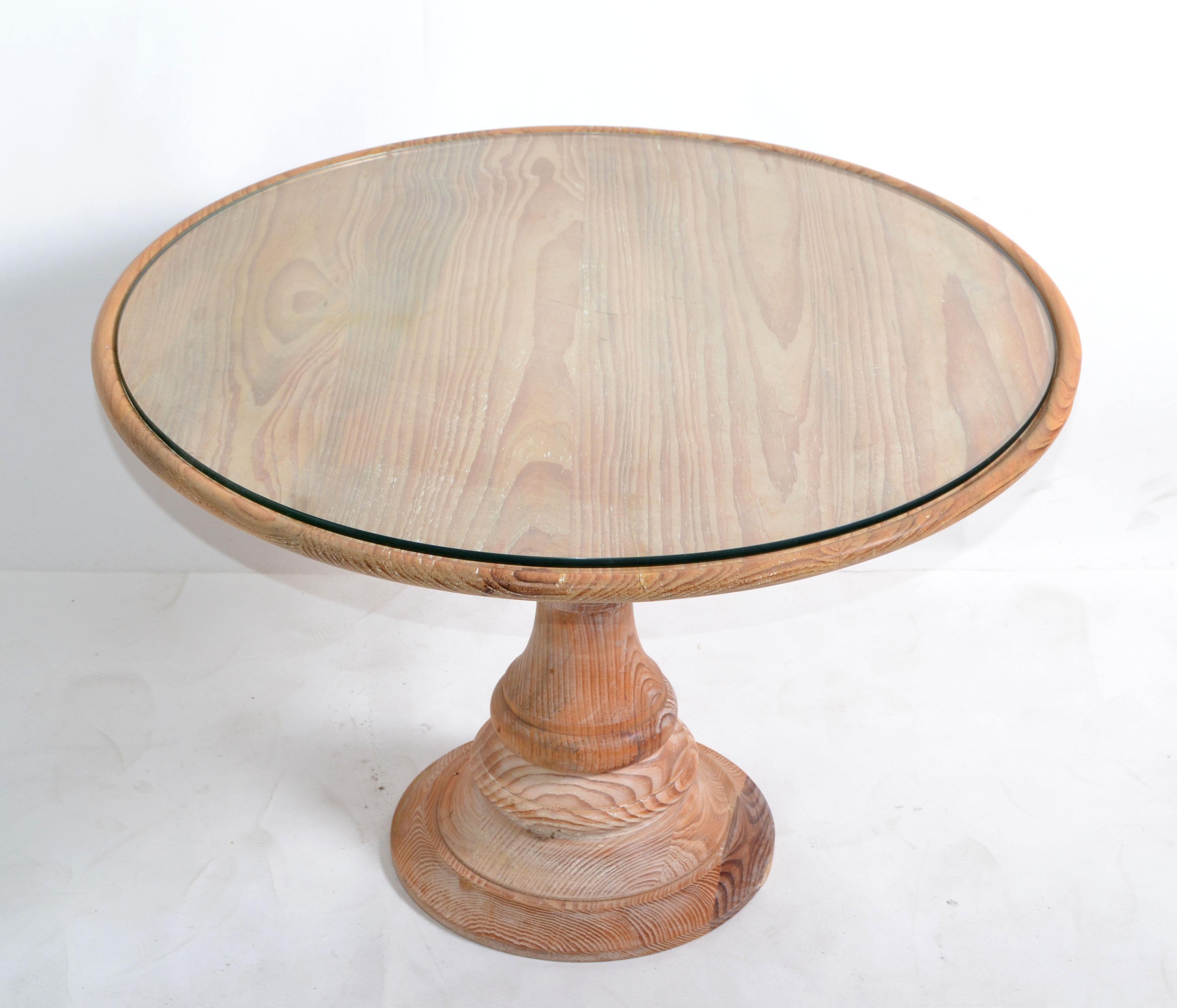 Bleached American Round Mid-Century Modern Turned Bleach Oak Wood & Glass Coffee Table For Sale