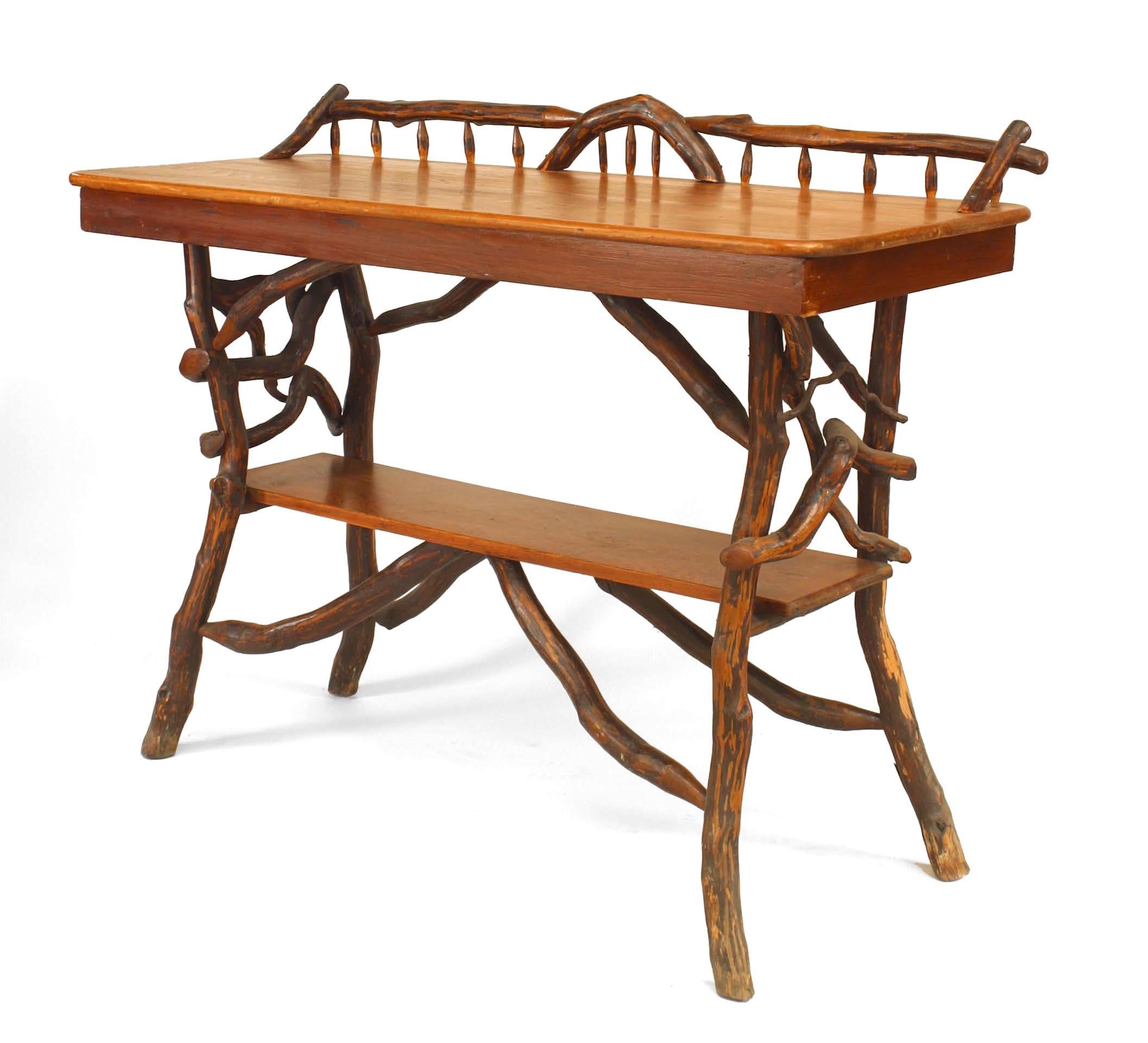 American Rustic Adirondack serving table of twig & root construction with gallery above a rectangular pine top & under-tier. (Attributed to BEN DAVIS, c.1920, North Carolina)
