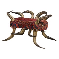 American Rustic Horn and Kilim Upholstered Chair / Bench