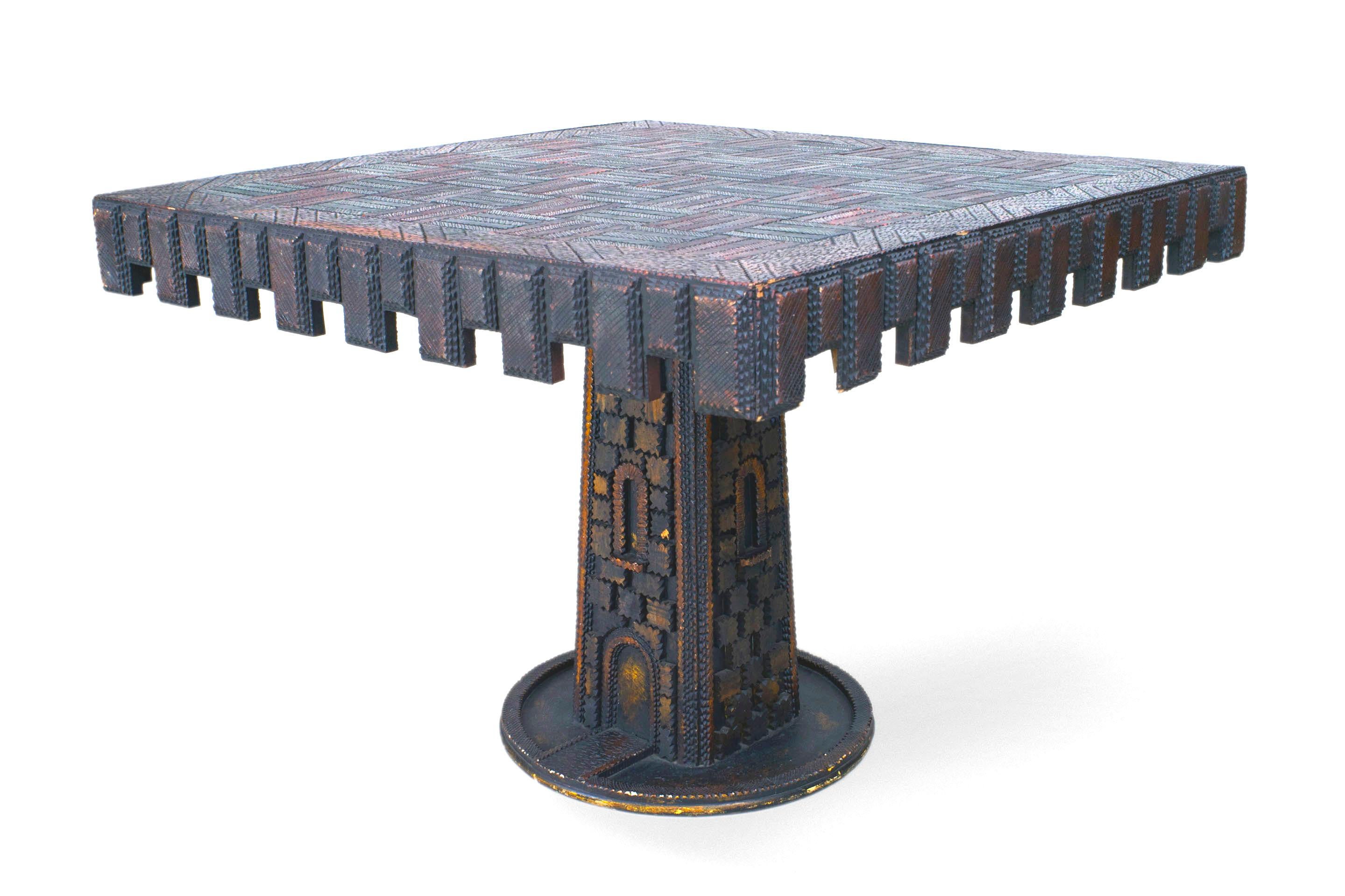 American Rustic Tramp Art style game table with green & red painted top supported with a pedestal base on a round platform (32 chess pieces)(signed 1994 PAUL CUNNINGHAM)
