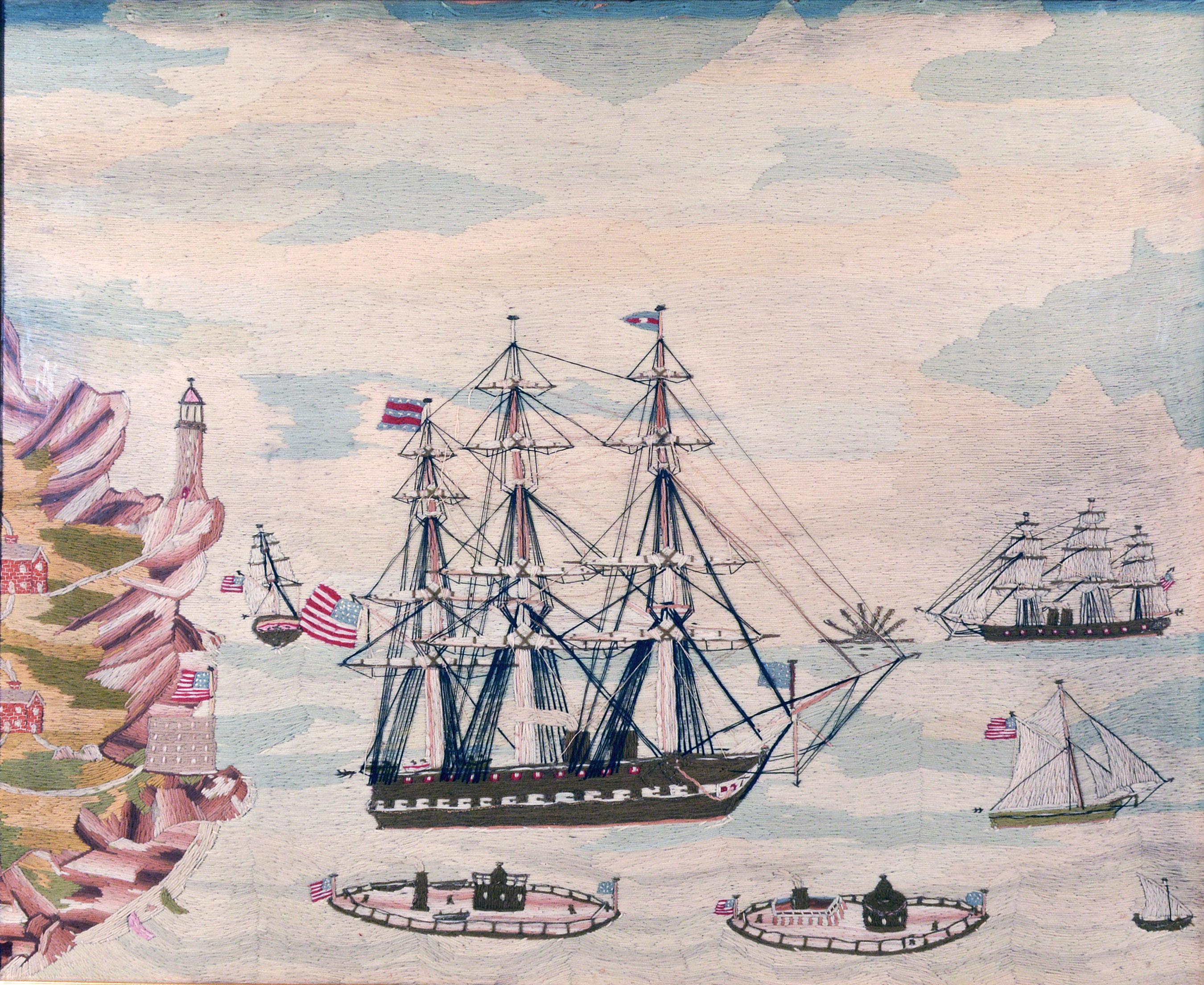 American Sailor's wool work depicting ten naval vessels,
1865-1870
  

A remarkable large American sailor's woolie depicting ten different American ships including two monitors probably in New England.

The scene depicted centers on an American ship