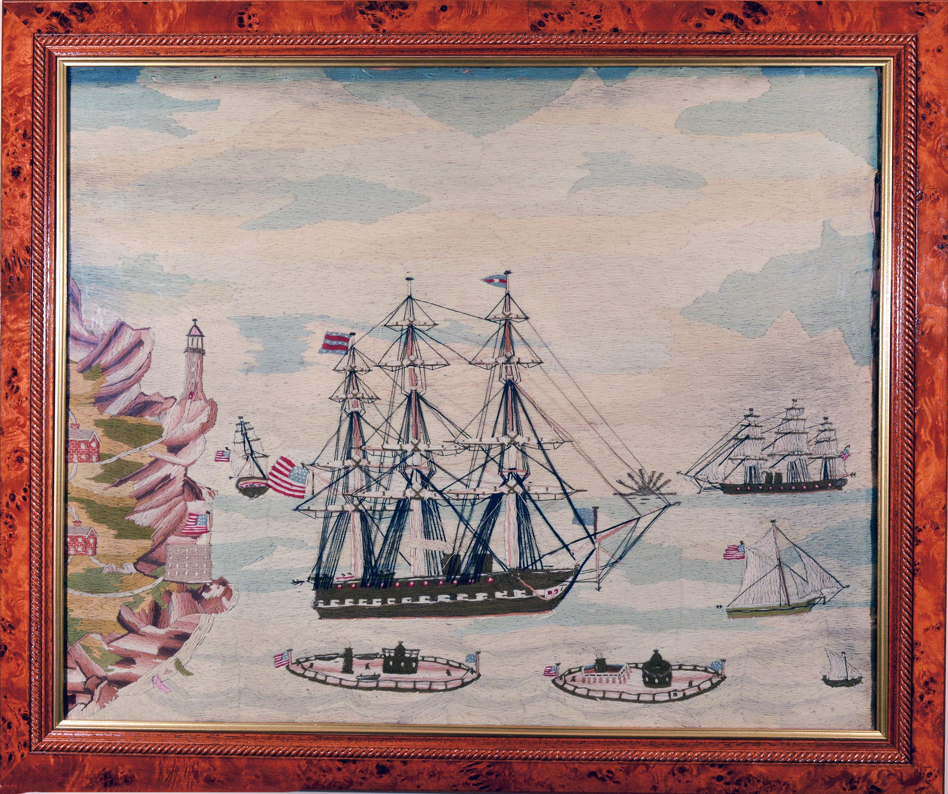 Folk Art American Sailor's Woolwork Depicting Ten Naval Vessels, 1865-1870