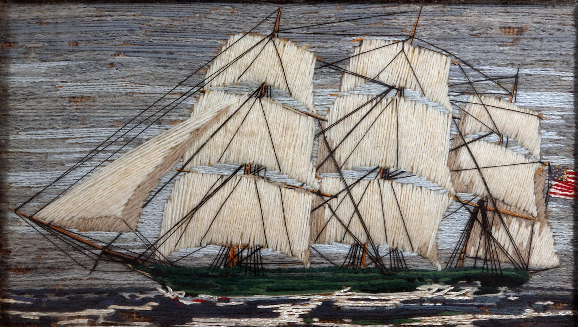 Small American Sailor's woolwork,
Circa 1865-75

The American Sailor's woolwork or woolie depicts a portside view of a fully rigged ship under full sail. The ship has an unusual green hull and flies the Stars & Stripes from the Mizen mast. The