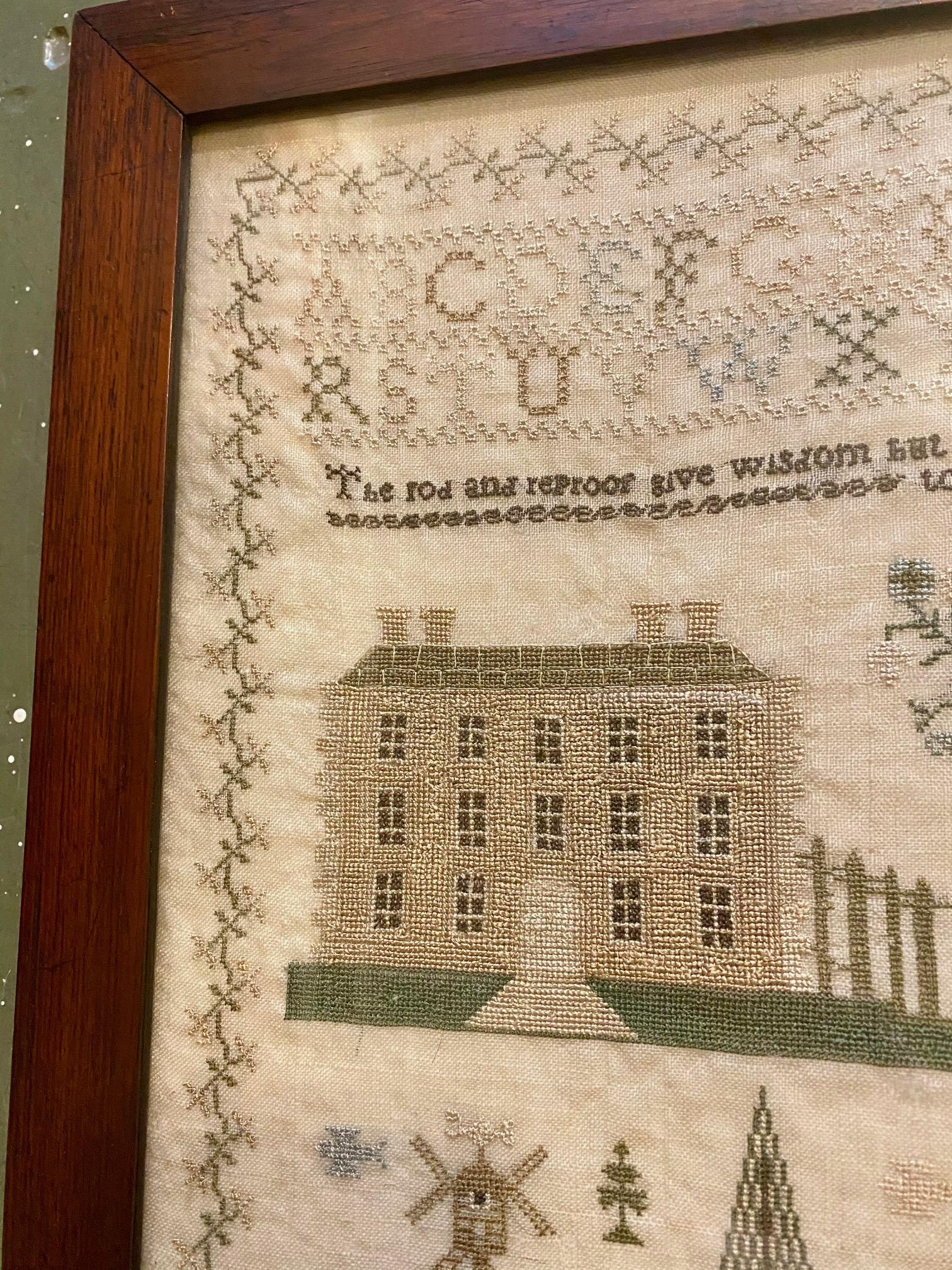 Antique American Needlework Sampler by Maria Morris, 1827, a needlework sampler on linen panel having alphabet and numerals, above a religious “rod and reproof” verse, over a house and garden with man and dog, over an array of trees, windmills and