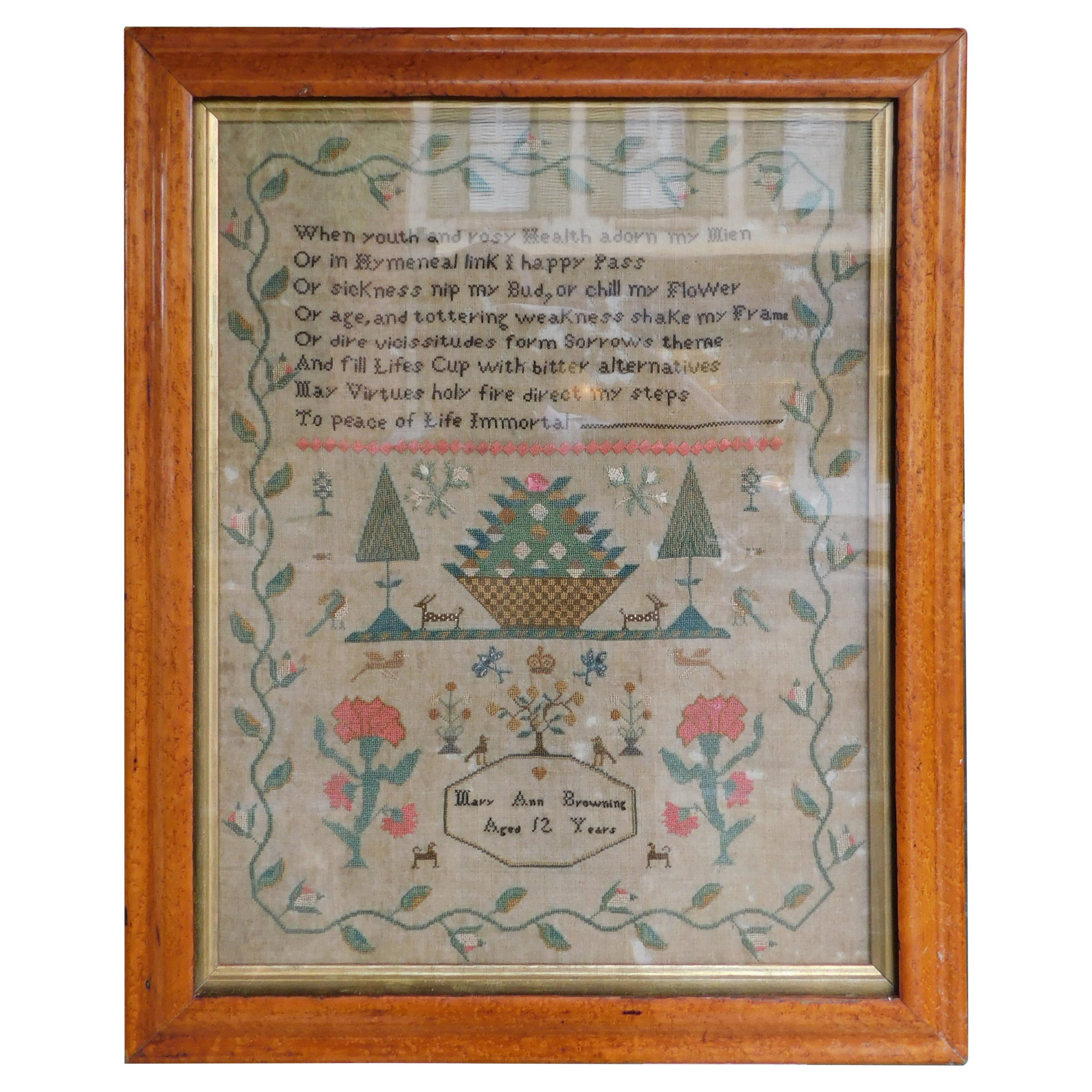 Amerikanisches amerikanisches Muster unter Glas mit dem originalen vergoldeten Vogelaugenahornrahmen, um 1820