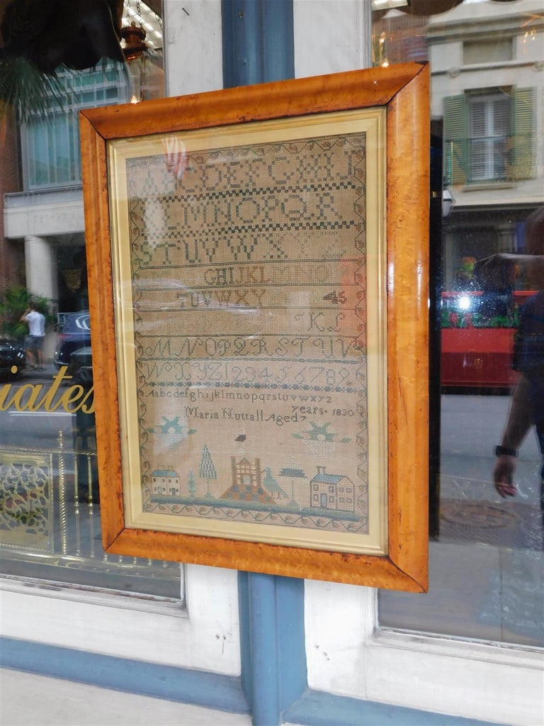 American Sampler Under Glass with the Original Gilt Birdseye Maple ...