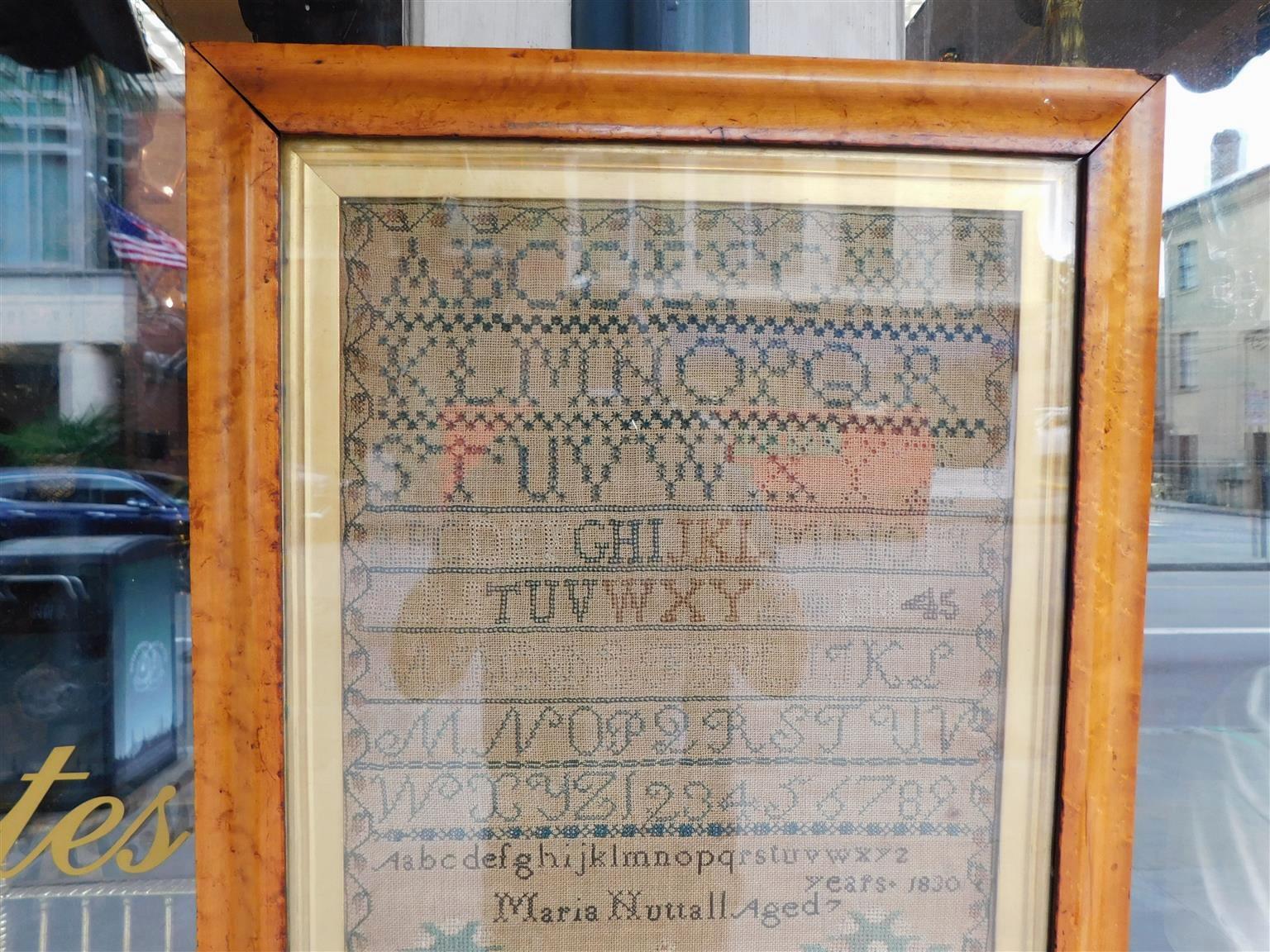 American Sampler Under Glass with the Original Gilt Birdseye Maple Frame, C 1830 In Excellent Condition For Sale In Hollywood, SC