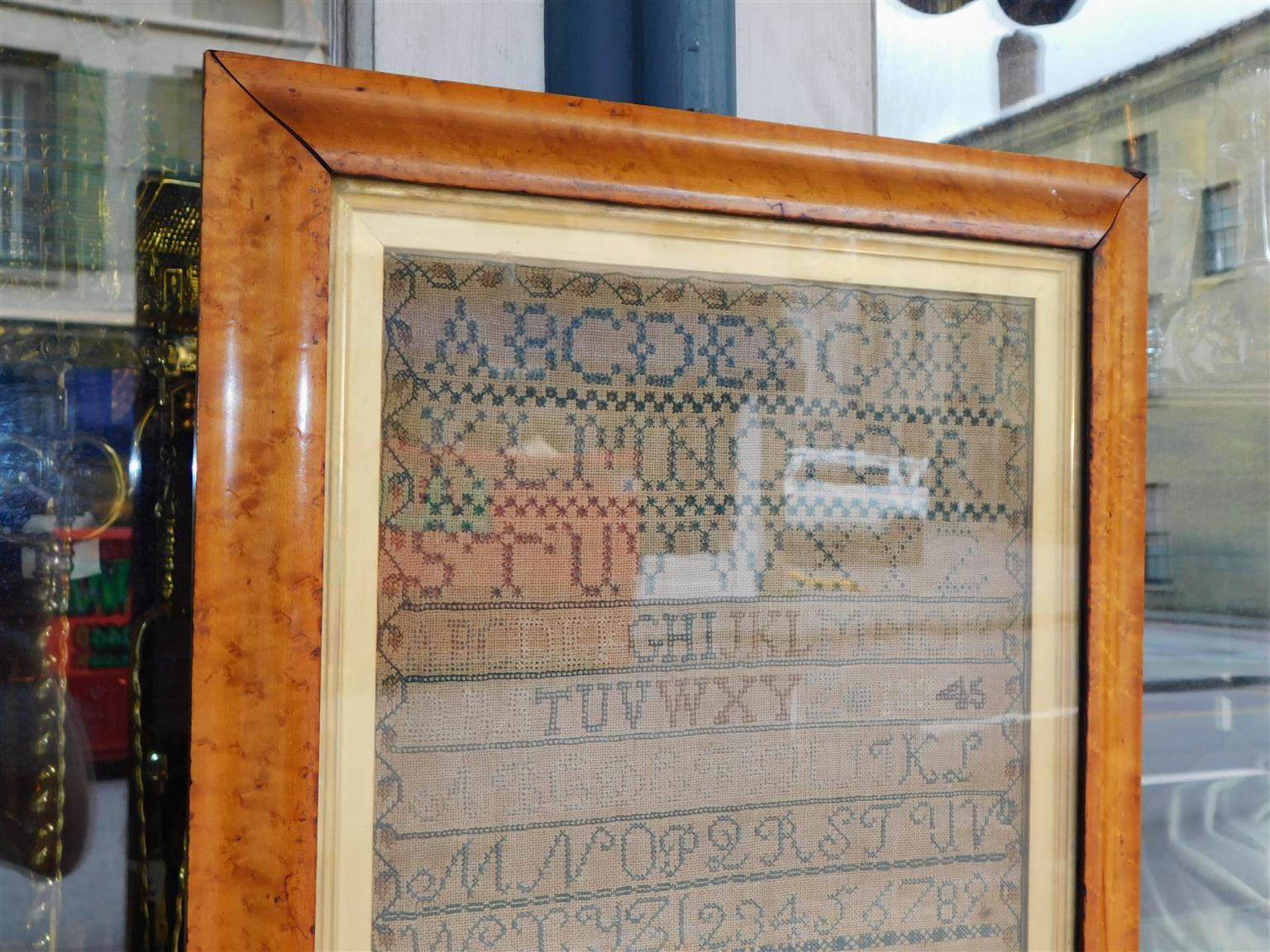 American Sampler Under Glass with the Original Gilt Birdseye Maple Frame, C 1830 In Excellent Condition For Sale In Hollywood, SC