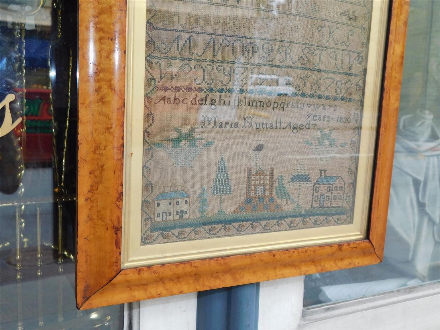 American Sampler Under Glass with the Original Gilt Birdseye Maple Frame, C 1830 For Sale 1