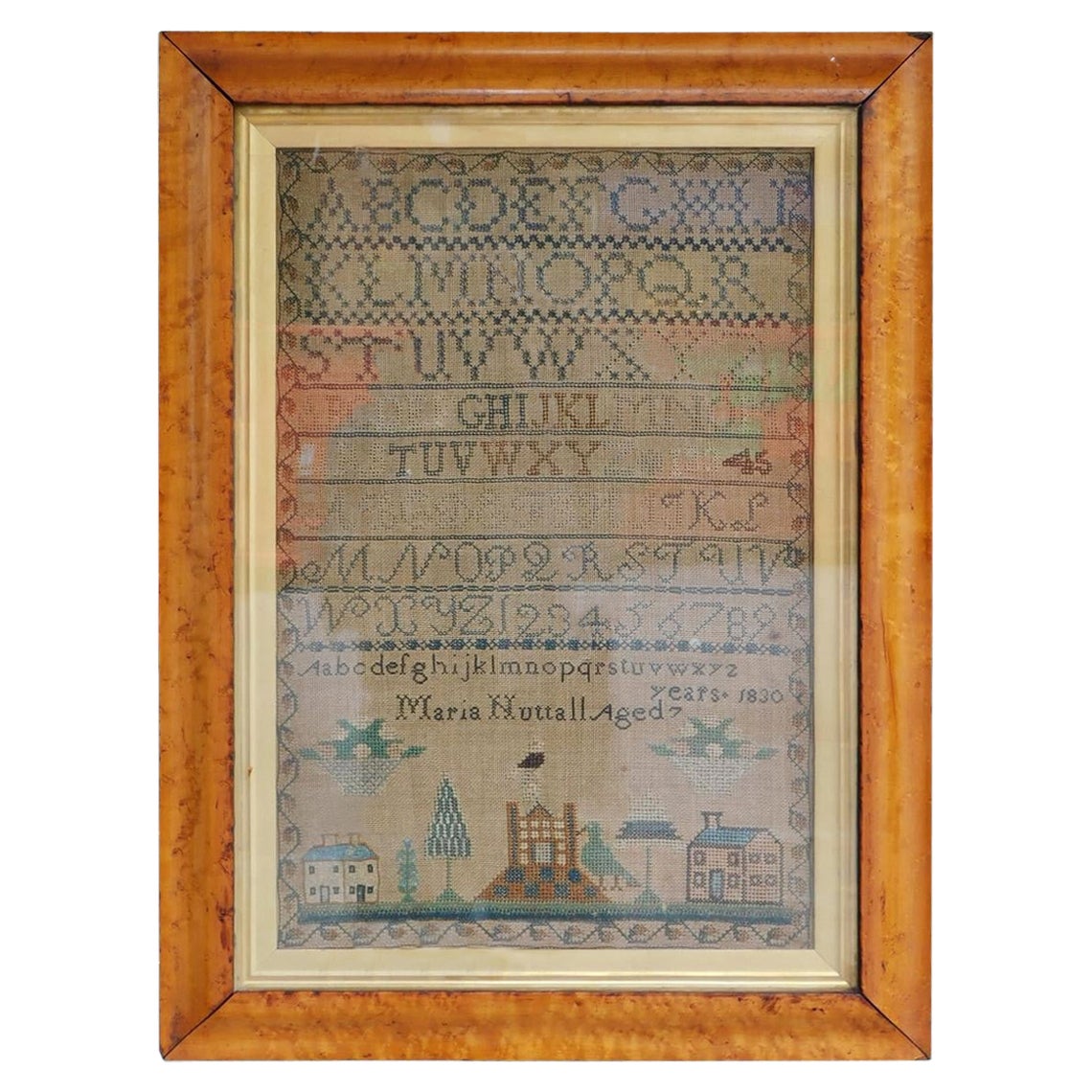 American Sampler Under Glass with the Original Gilt Birdseye Maple Frame, C 1830