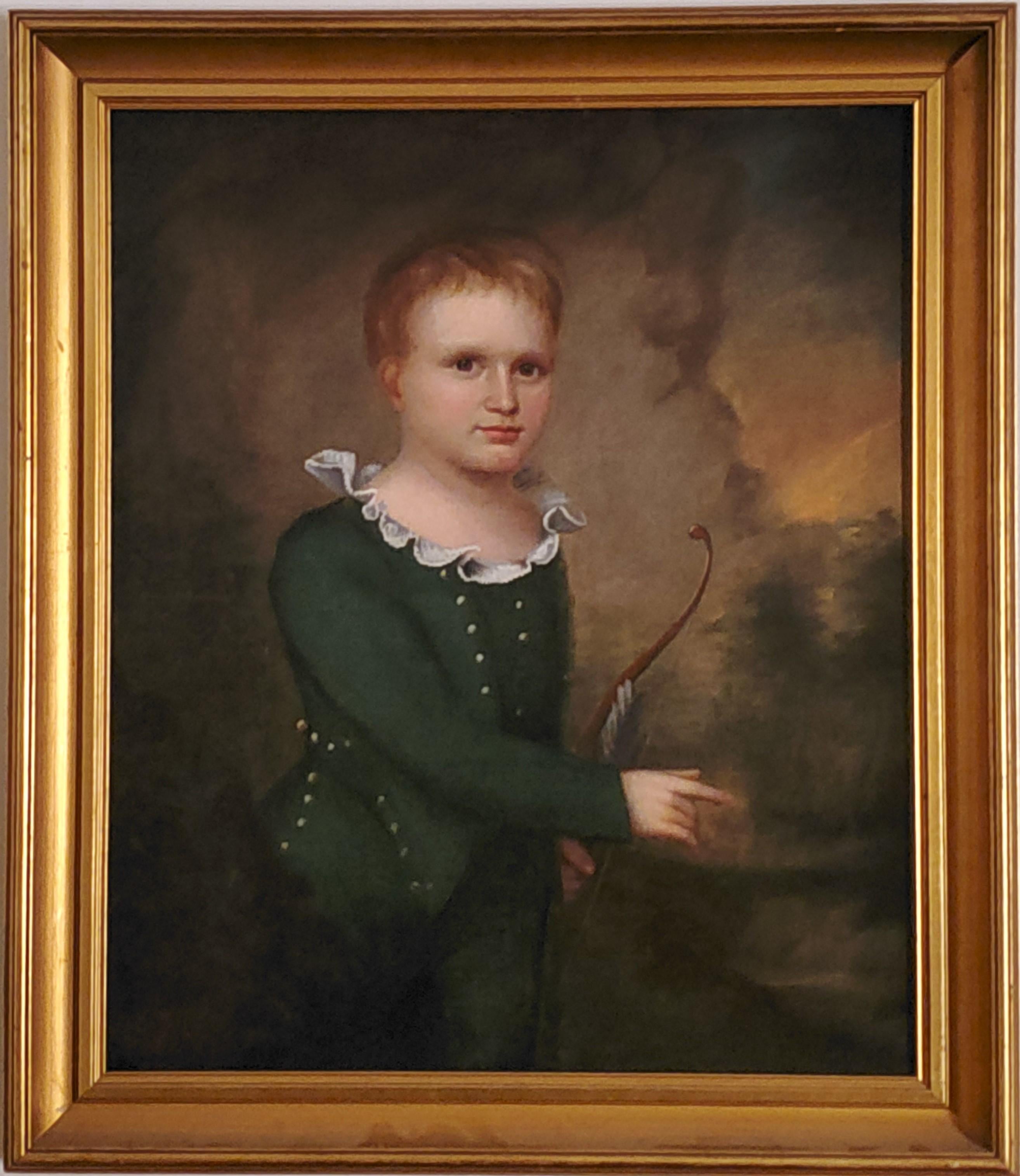 Unknown Portrait Painting - American School Portrait of Child with Bow 19th century