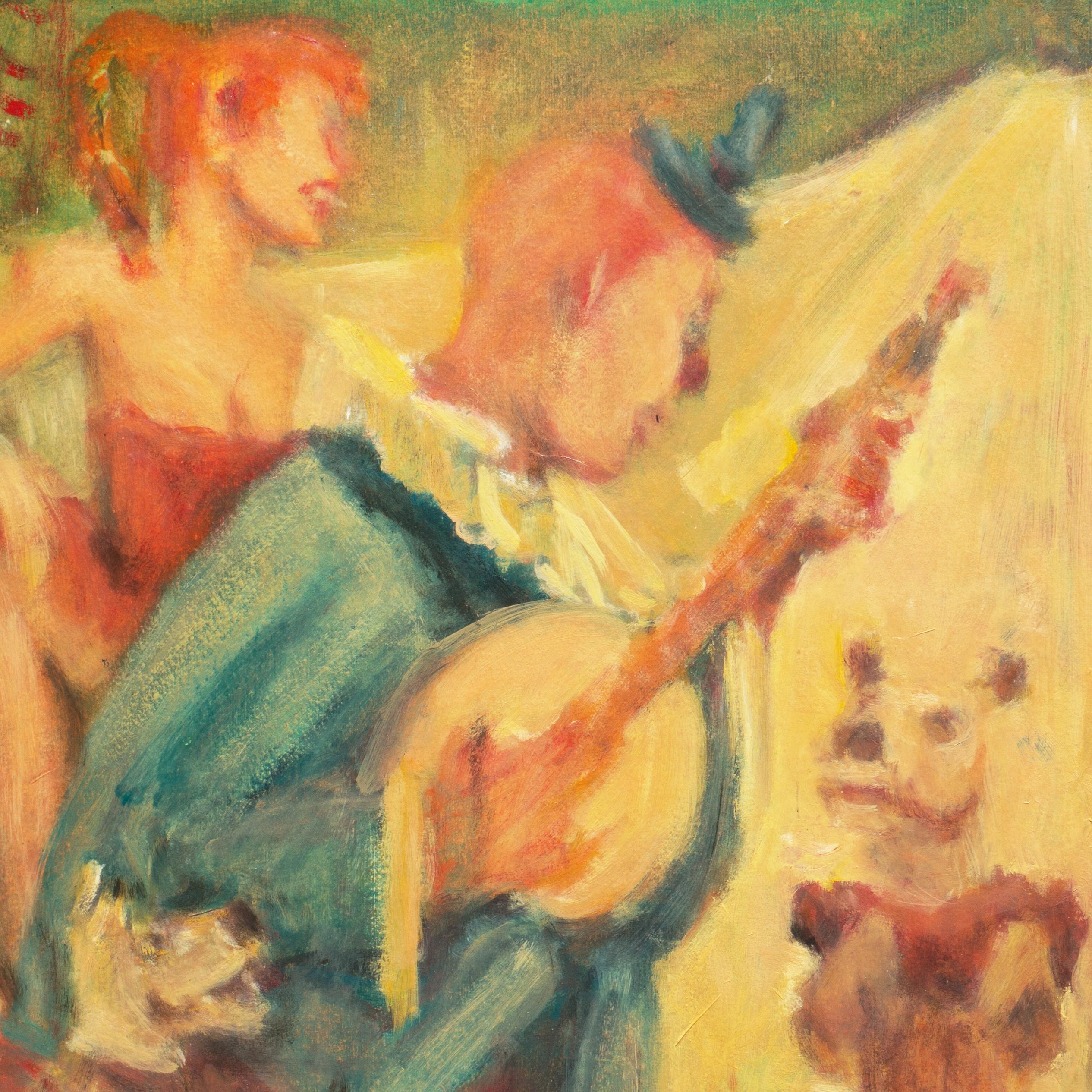 Un interessante dipinto a tempera di scuola americana della metà del secolo che mostra una veduta di un clown seduto che prova i suoi cani per un numero di danza mentre un cavaliere a pelo in costume osserva sullo sfondo. 
Una visione toccante della