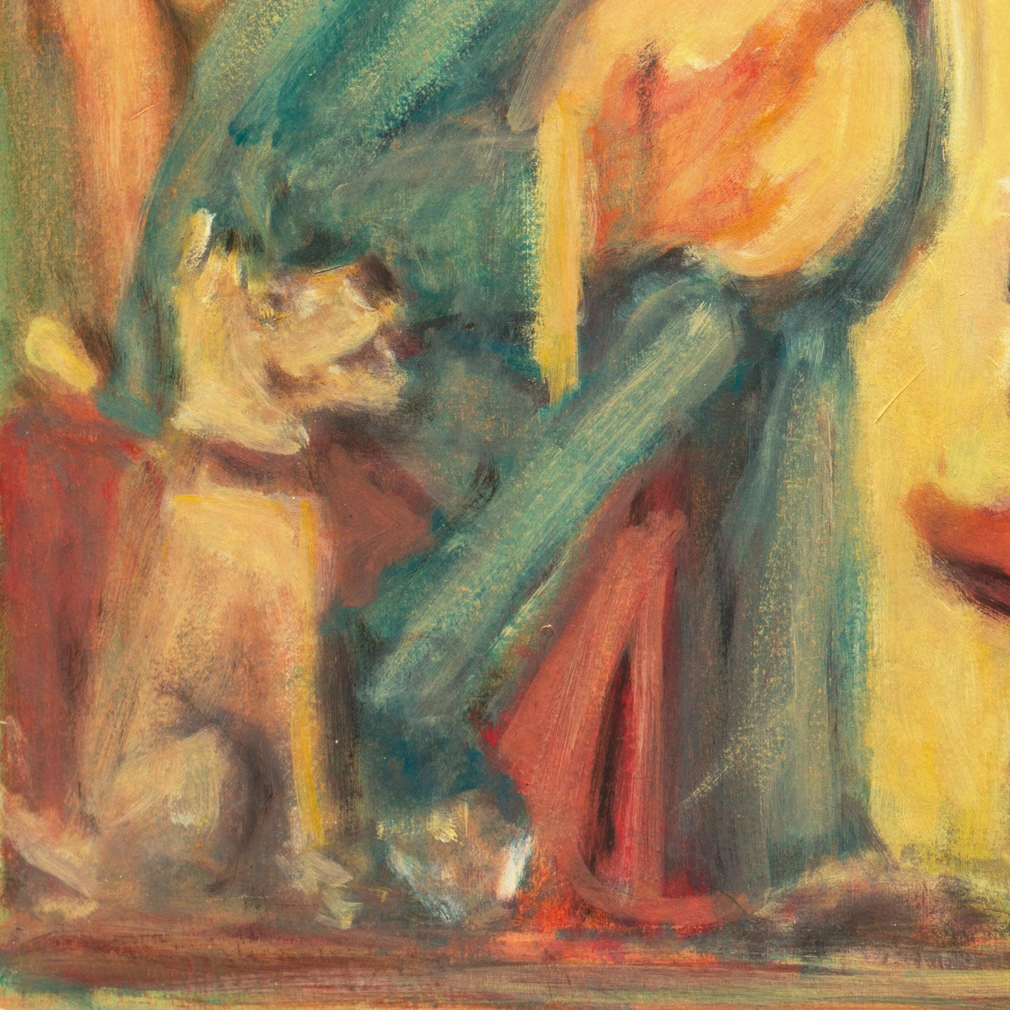 'Dancing Dogs', Impressionist Mid-century Circus Scene, Banjo Man, Acrobat - Brown Figurative Painting by Unknown