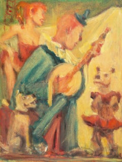 'Dancing Dogs', Impressionist Mid-century Circus Scene, Banjo Man, Acrobat