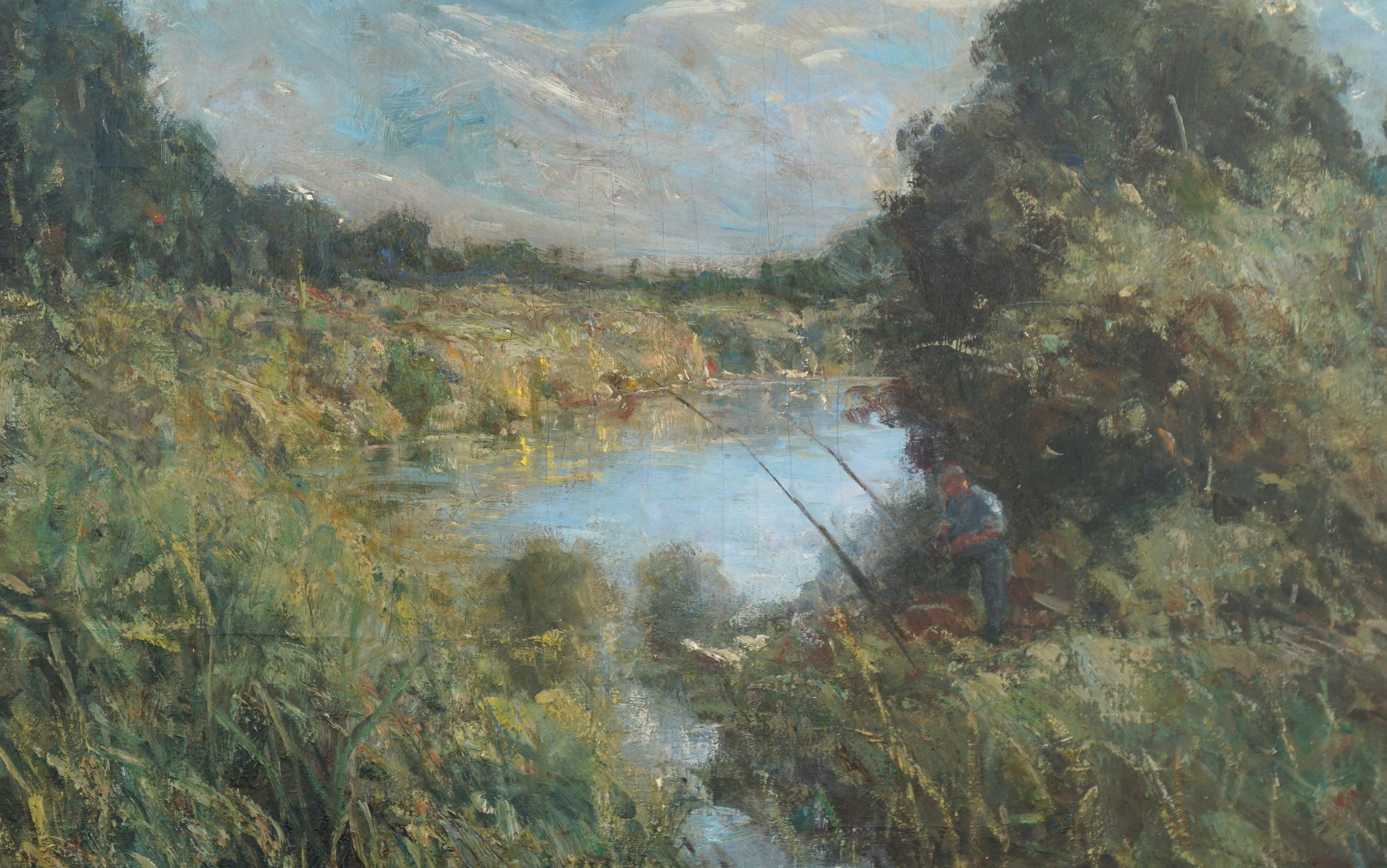 The Angler - Impressionist Landscape with Figure - Painting by Unknown