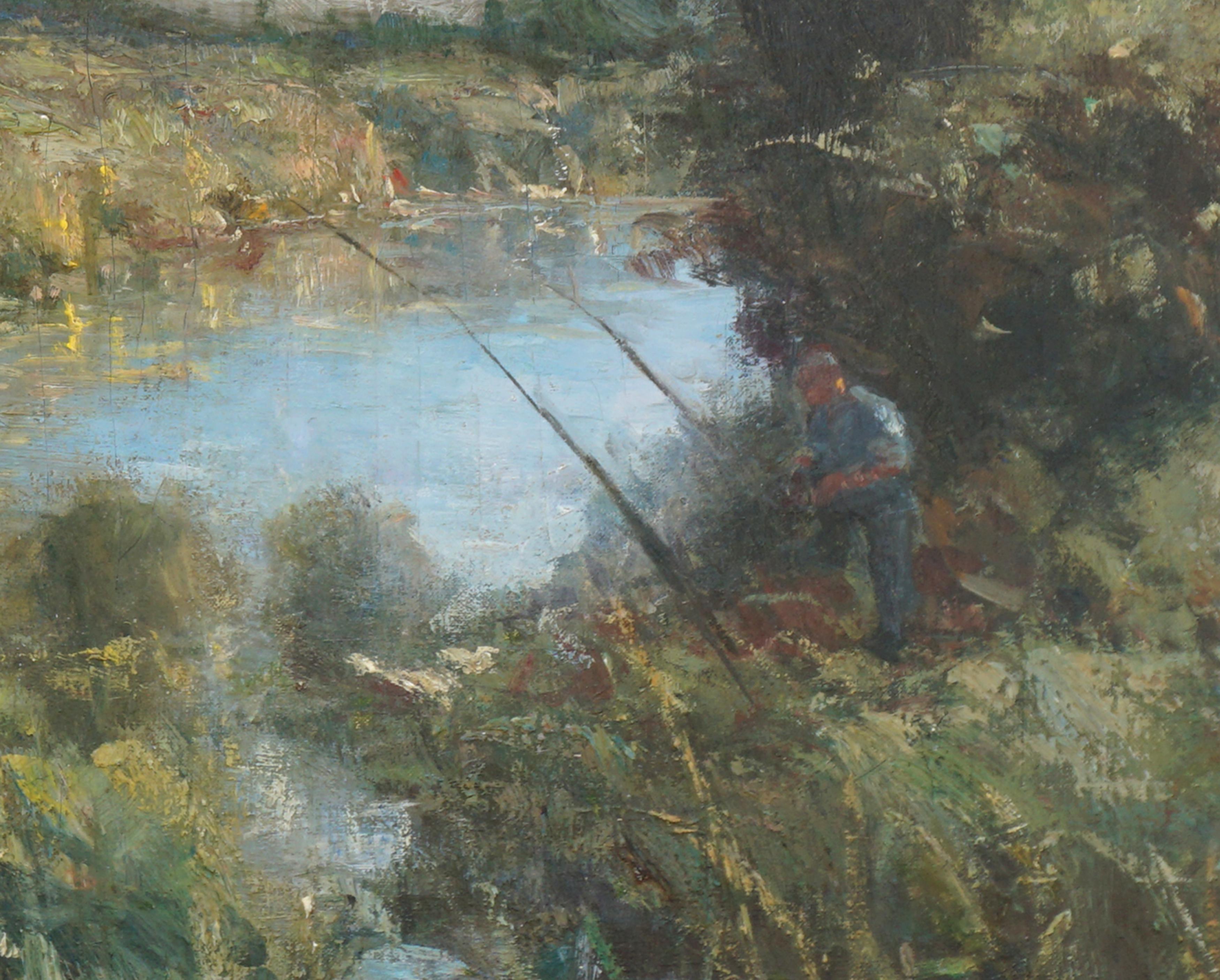 The Angler - Impressionist Landscape with Figure - American Impressionist Painting by Unknown