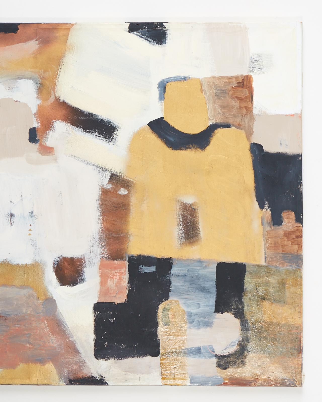 Waiting Figures Abstract Canvas Painting - Beige Abstract Painting by Unknown