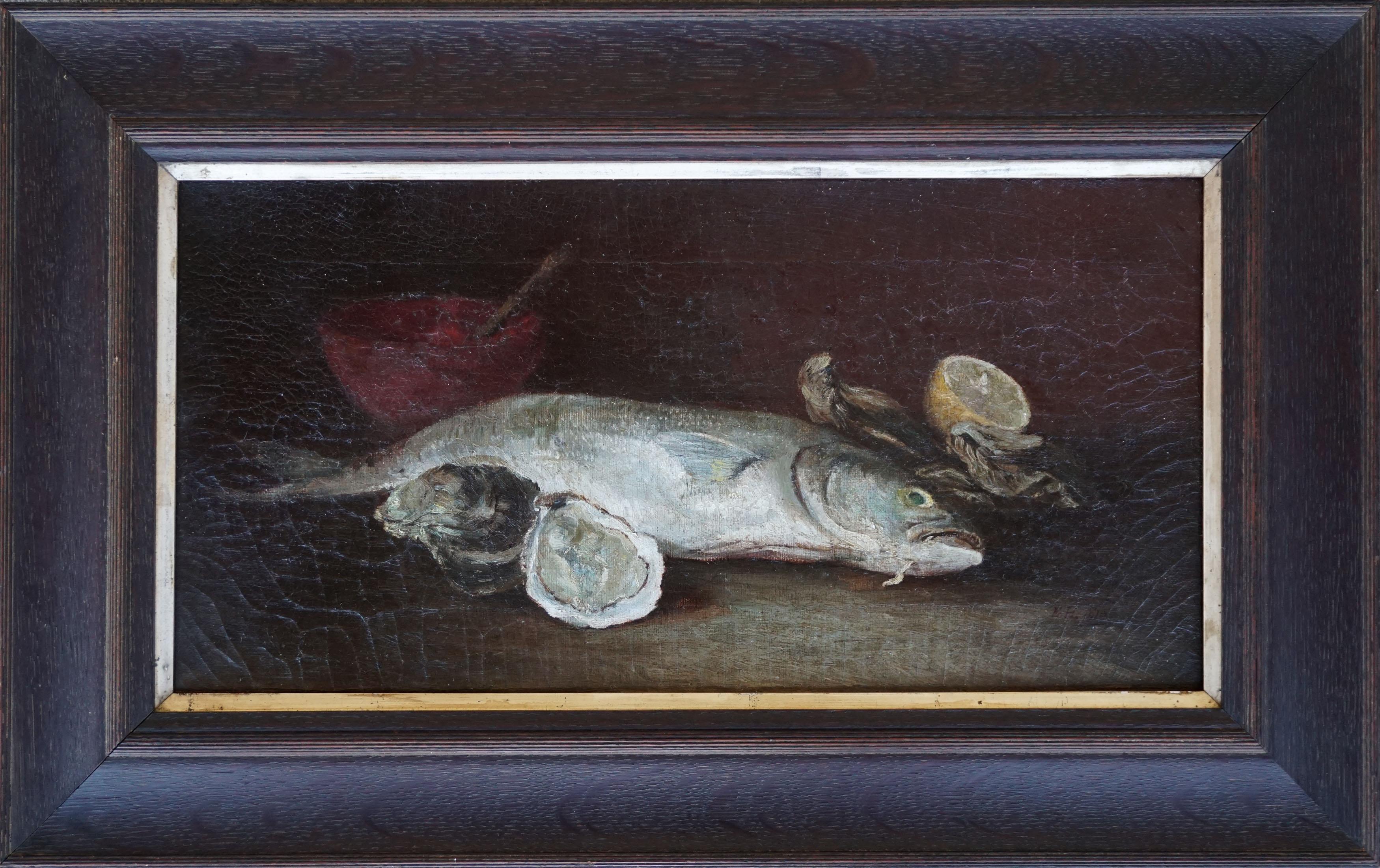 Rainbow Trout & Oyster Still Life, 1910 - Painting by Unknown