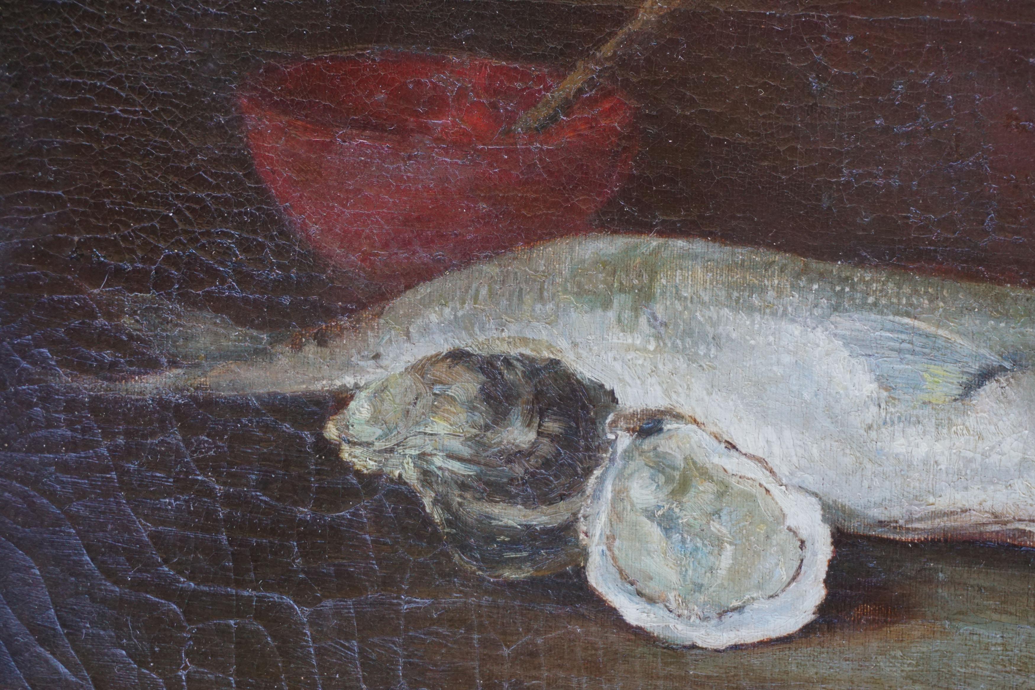 Rainbow Trout & Oyster Still Life, 1910 - American Impressionist Painting by Unknown