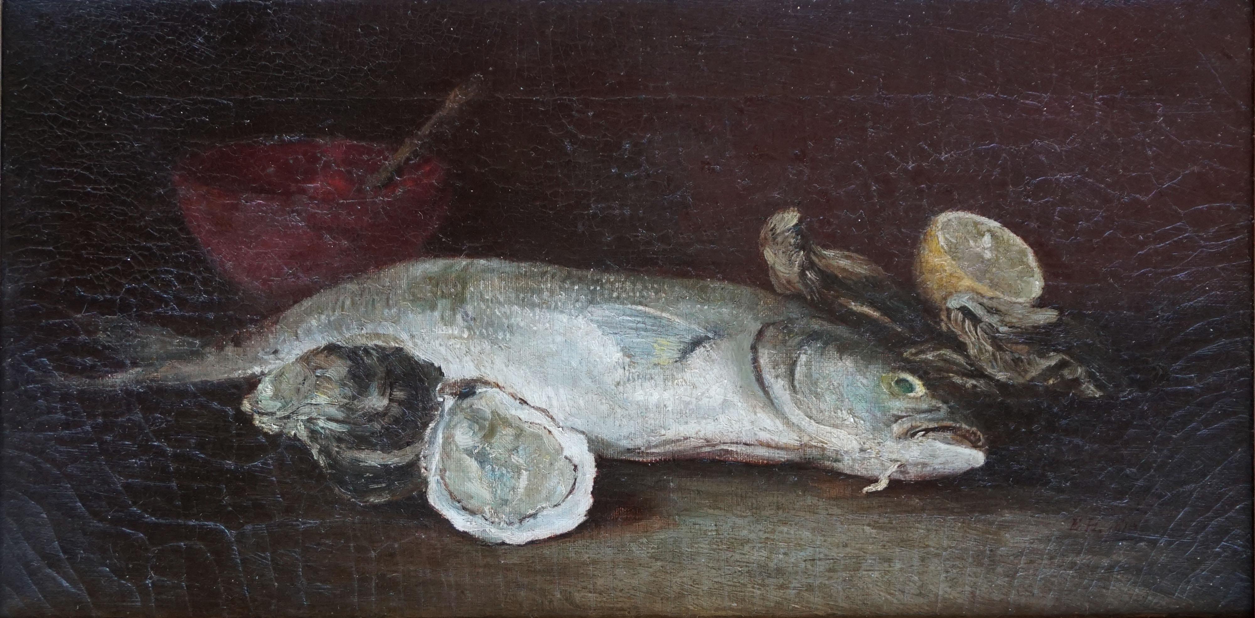Unknown Still-Life Painting - Rainbow Trout & Oyster Still Life, 1910