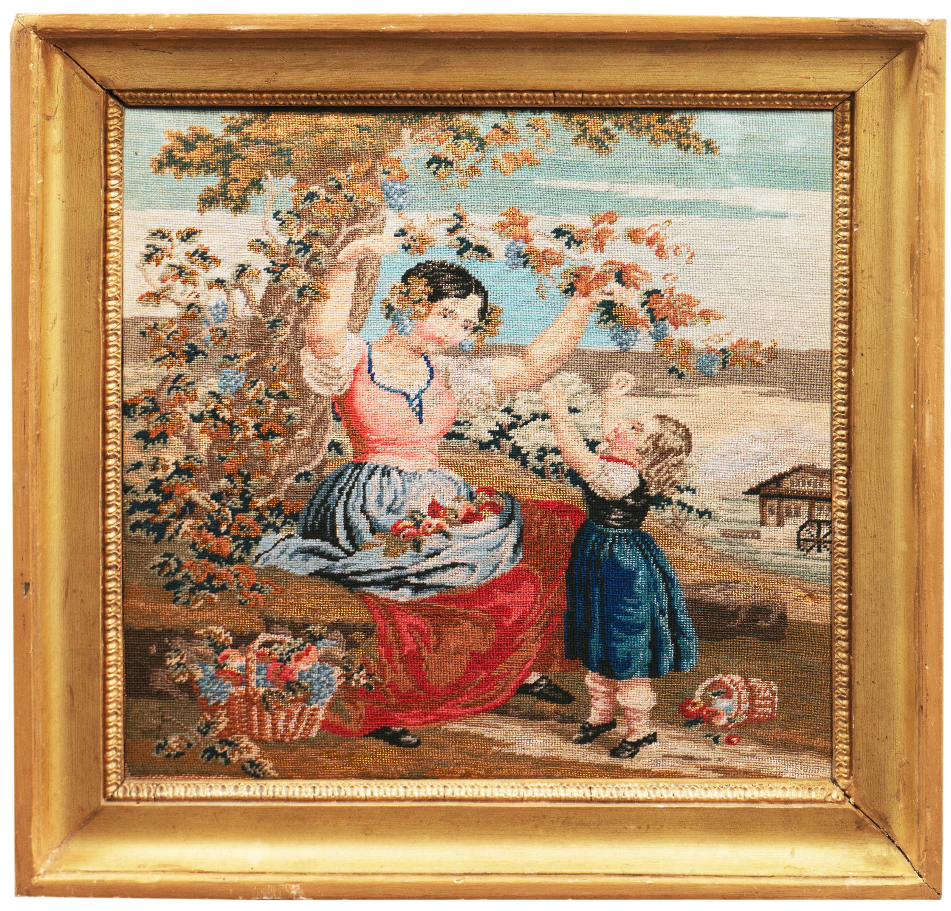 Eine ungewöhnlich feine und zarte amerikanische figürliche Nadelspitze aus der Mitte des 19. Jahrhunderts, die eine idyllische Ansicht des Grenzlebens mit einem jungen Mädchen zeigt, das auf Zehenspitzen nach einer mit Trauben beladenen Rebe an