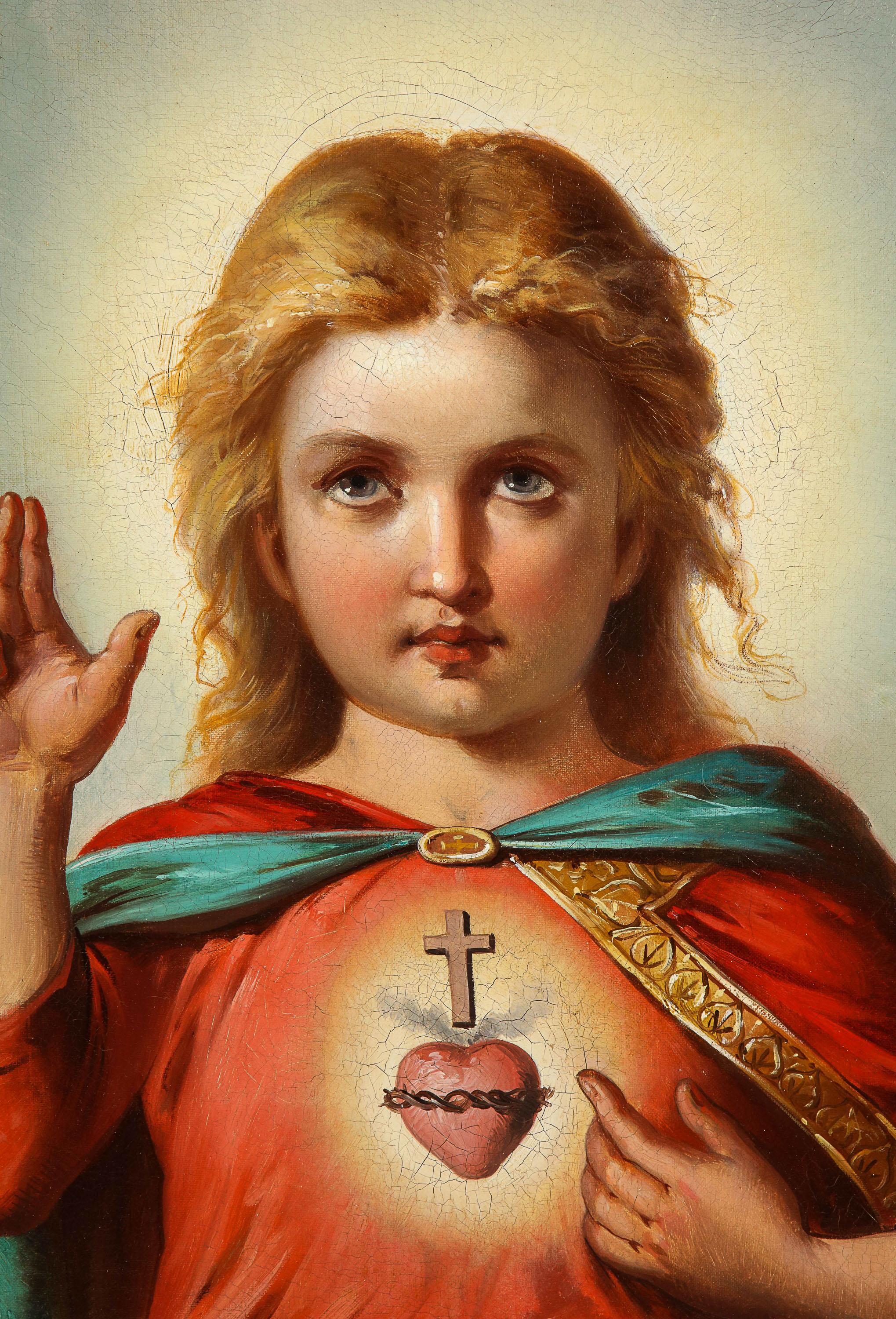 American School, (19th Century) Jesus Christ as A Baby Child, Oil Painting, circa 1860.

A truly exceptional quality oil on canvas painting of Baby Jesus Christ bearing the image of his sacred heart, with a shining light to his face. Very adorable