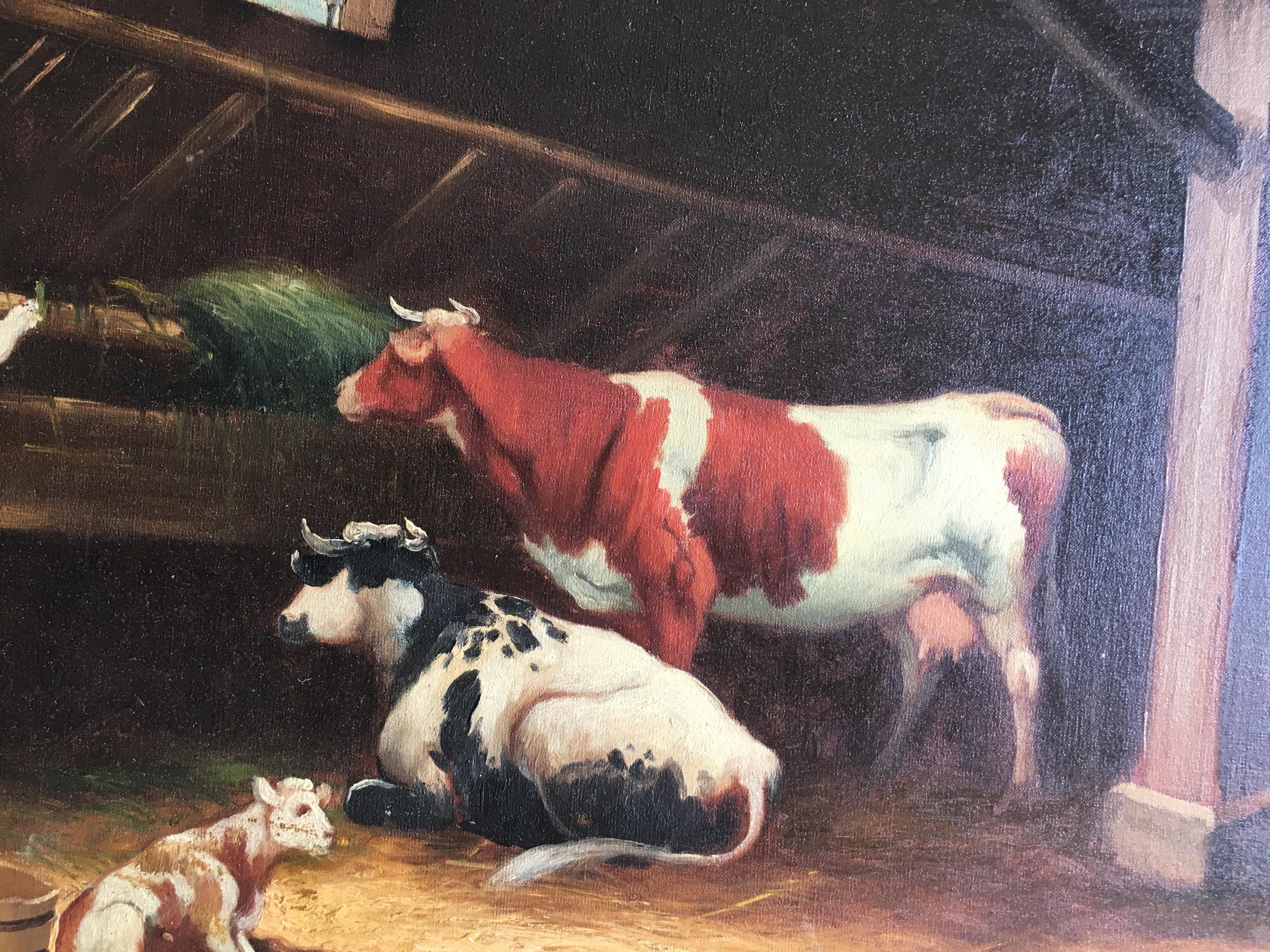 19th century American cattle/cows and chickens in a stable with calves  - Painting by Unknown