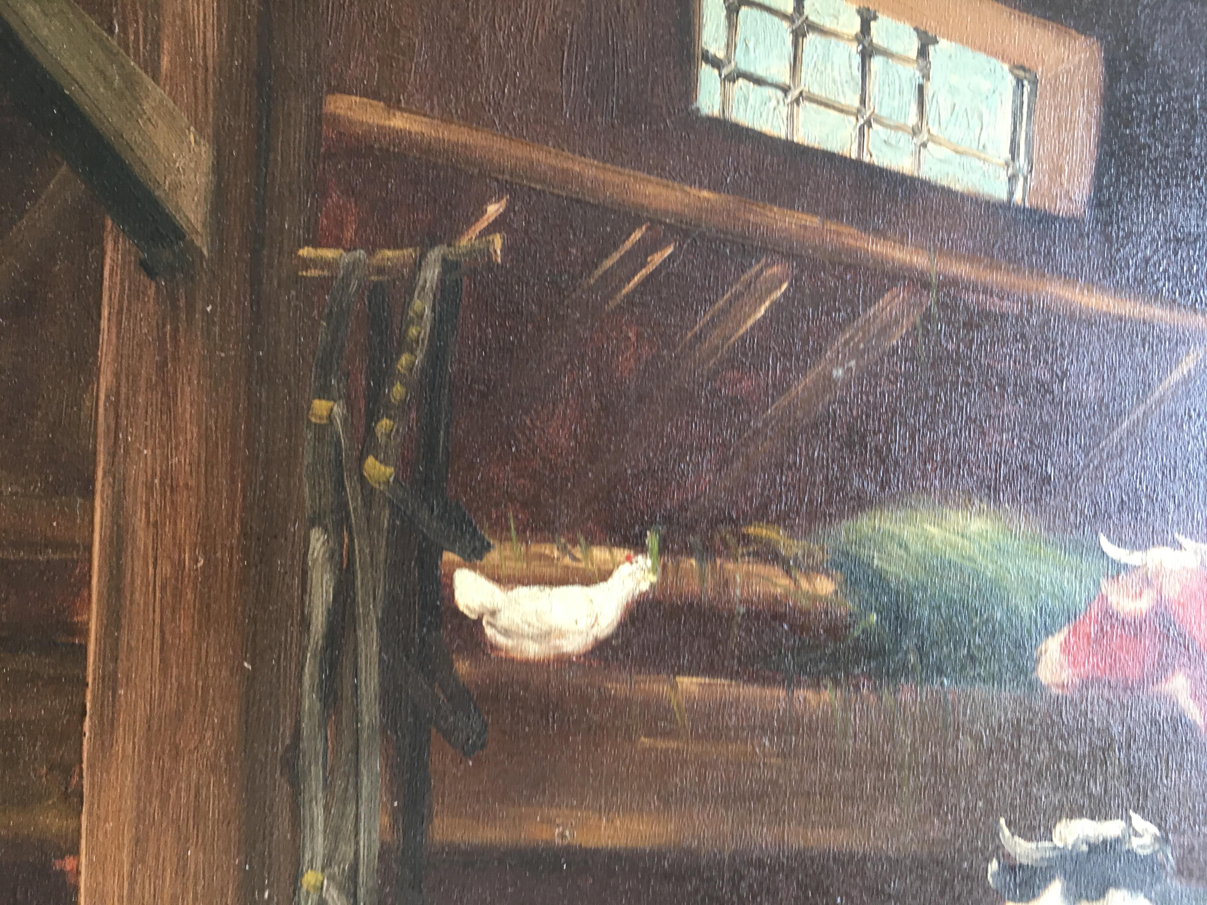 Bouteilles et poulets américains du 19ème siècle dans une écurie avec des vaches - Victorien Painting par Unknown